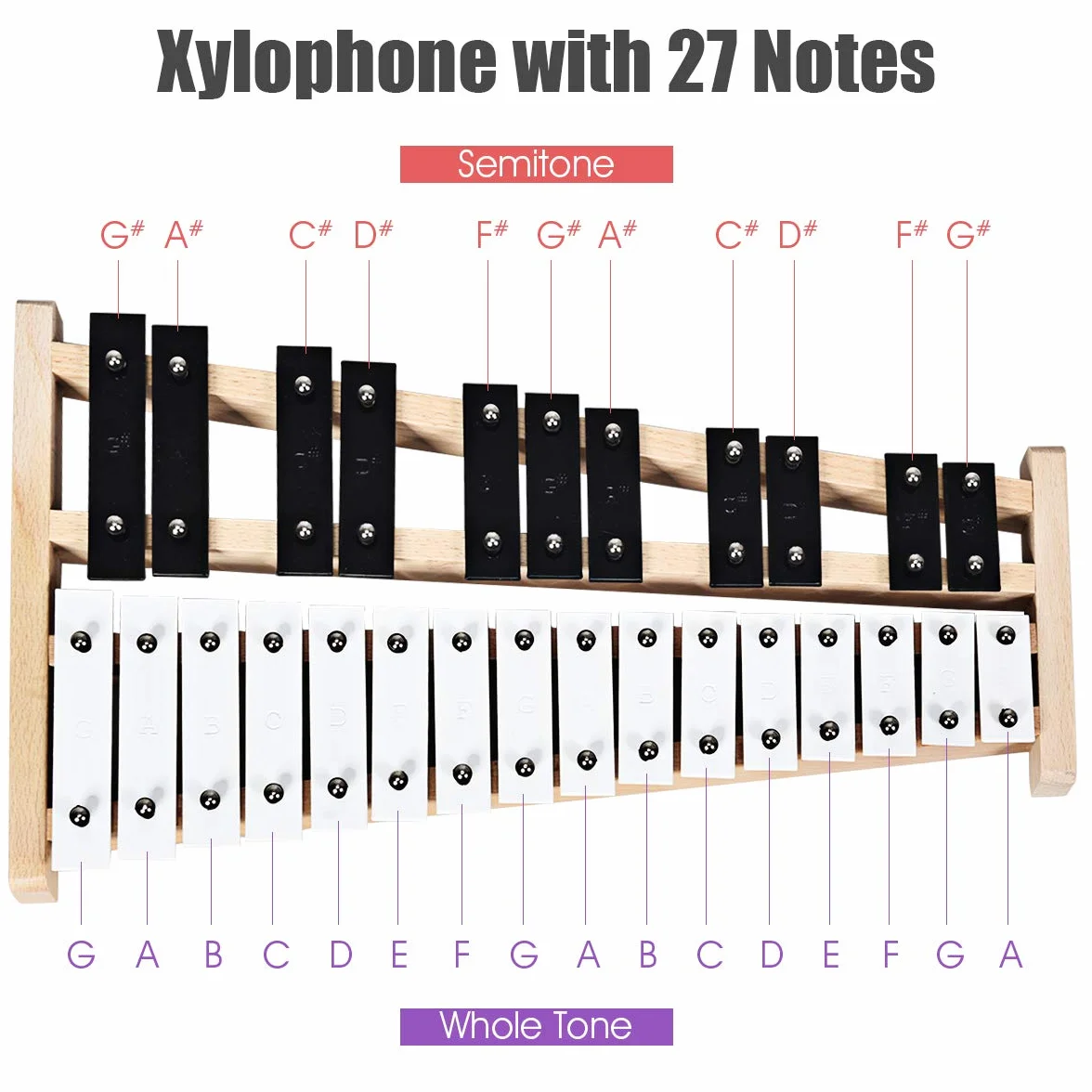KOMFOTTEU 27 note xilofono, carillon con tasti in metallo e base in legno, percussione a mano con 2 bacchette portatile con custodia per il trasporto, strumento a percussione per prestazioni, concerto