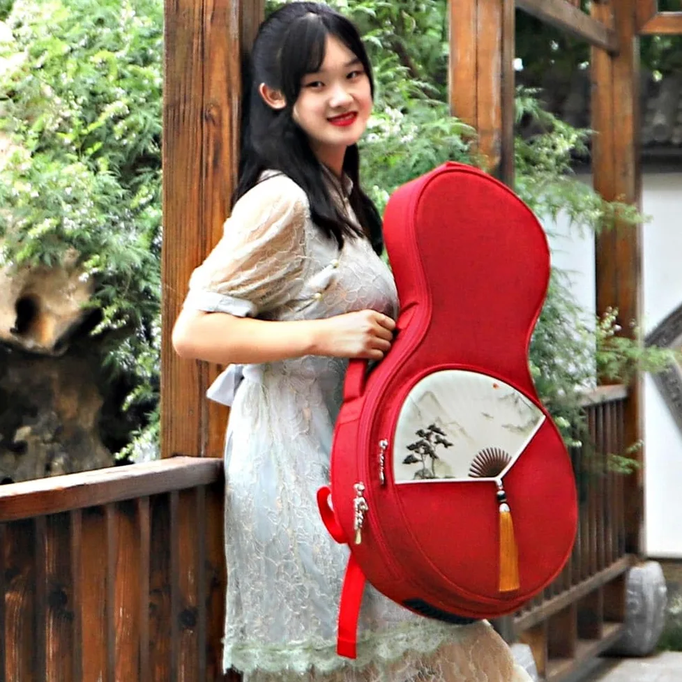 Yueqin Borsa a tracolla con motivo a ventaglio, per musica folk, per uso professionale liuto cinese, liuto lunare, banjo, strumento musicale, banjo cinese (rosso)