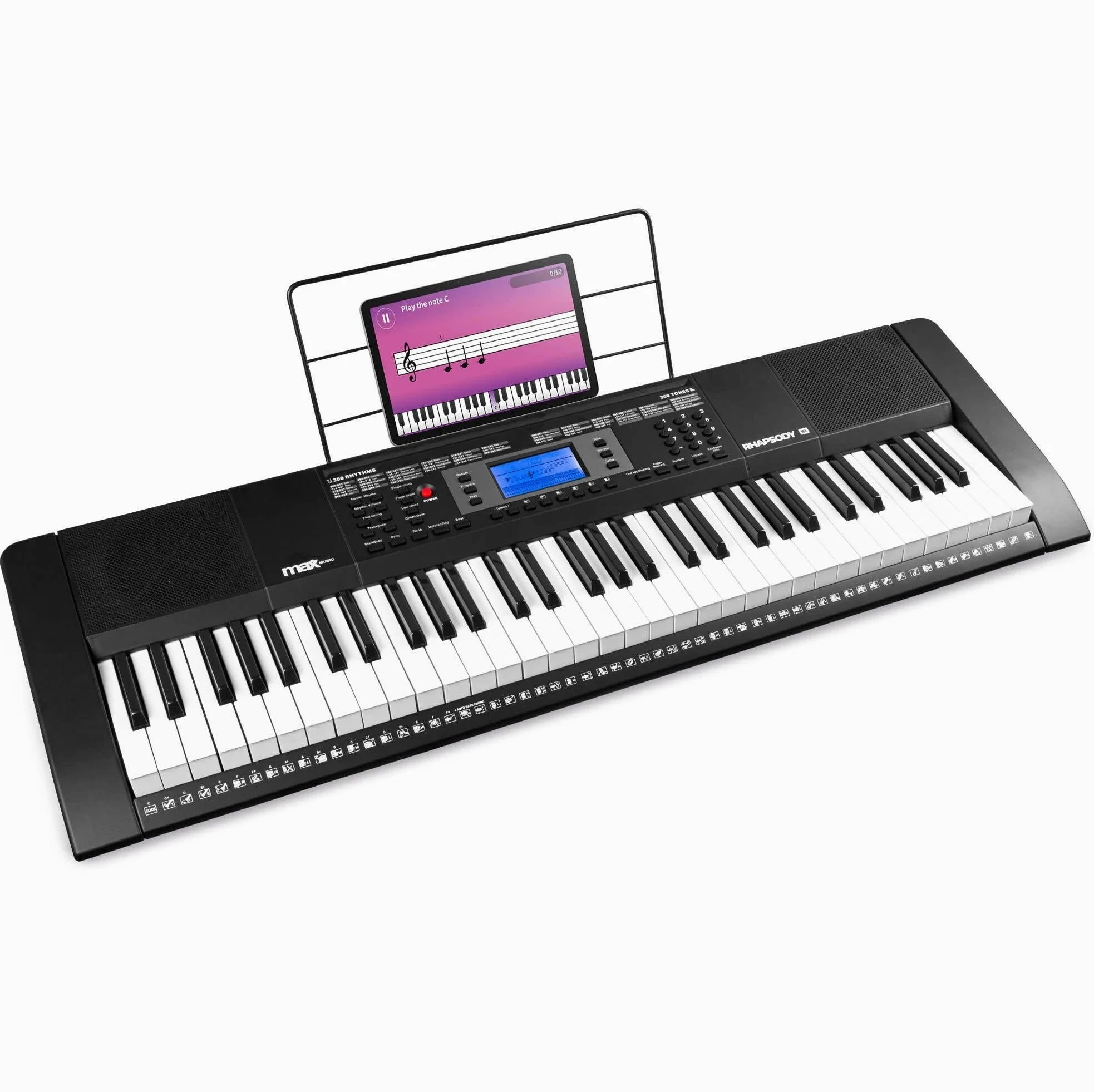 MAX Rhapsody61 - Tastiera elettrica con cuffie, 61 tasti, 300 campanelli, 300 ritmi, 50 canzoni demo, insegnamento intelligente della musica con tastiera, tastiera per principianti con altoparlanti