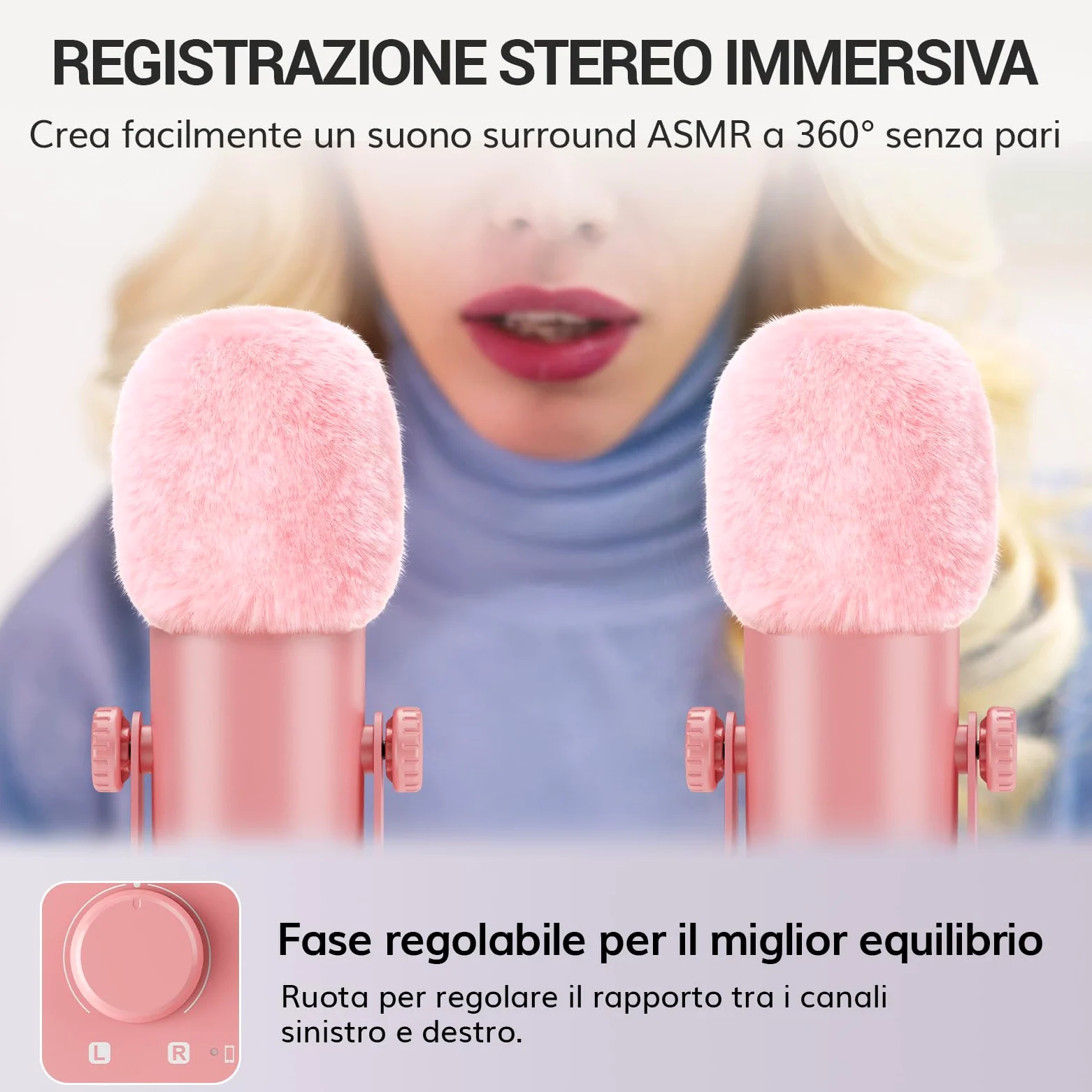 TONOR Microfono ASMR Equipment Bundle, Microfono a Doppio Condensatore con Interfaccia Audio, Audio 3D Immersivo, Suono Nitido, Controllo del Volume, Set per ASMR, Podcast, Registrazione, Rosa