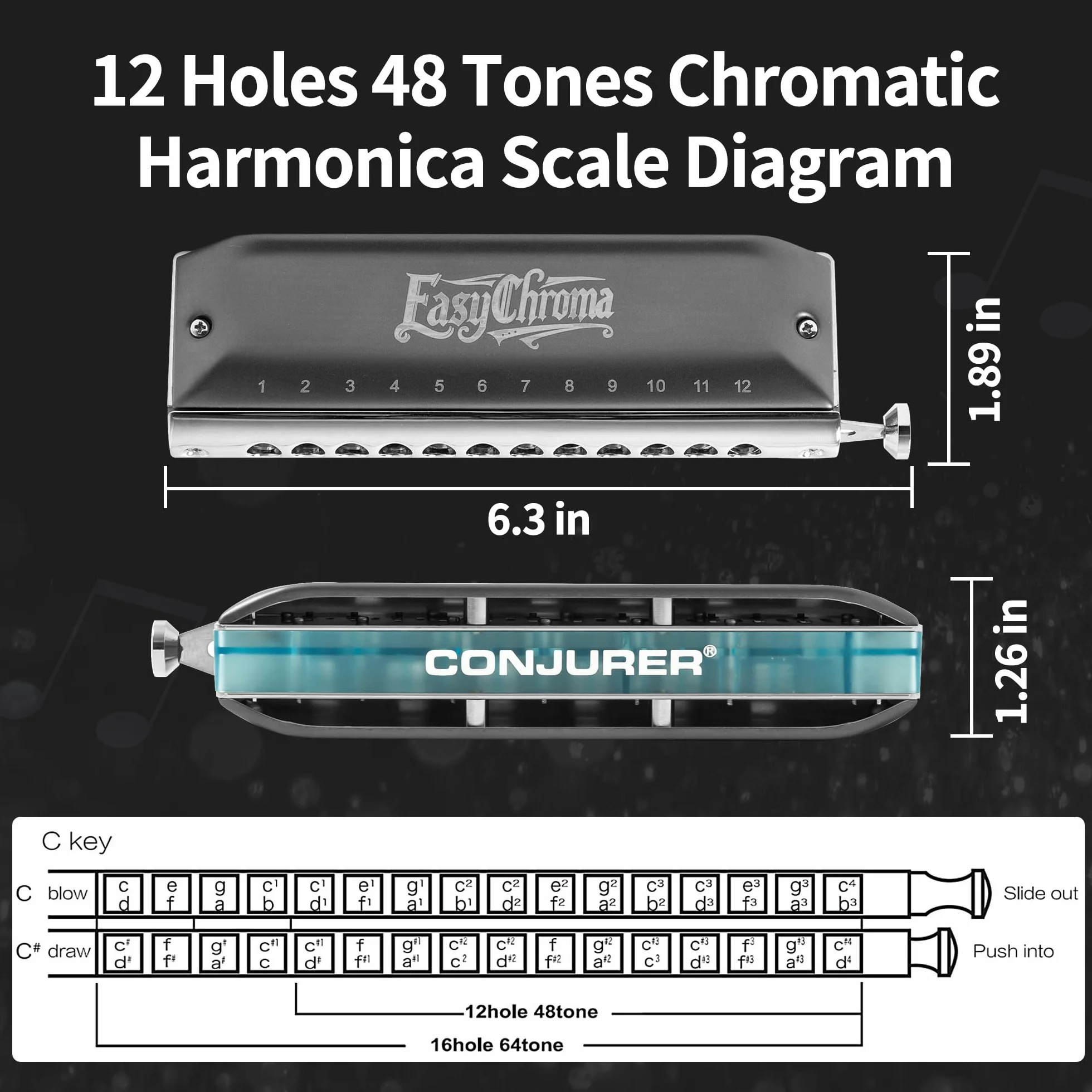 Conjurer Armonica cromatica a 12 fori avanzato a bocca in Do per professionisti, principianti, adulti, come regalo