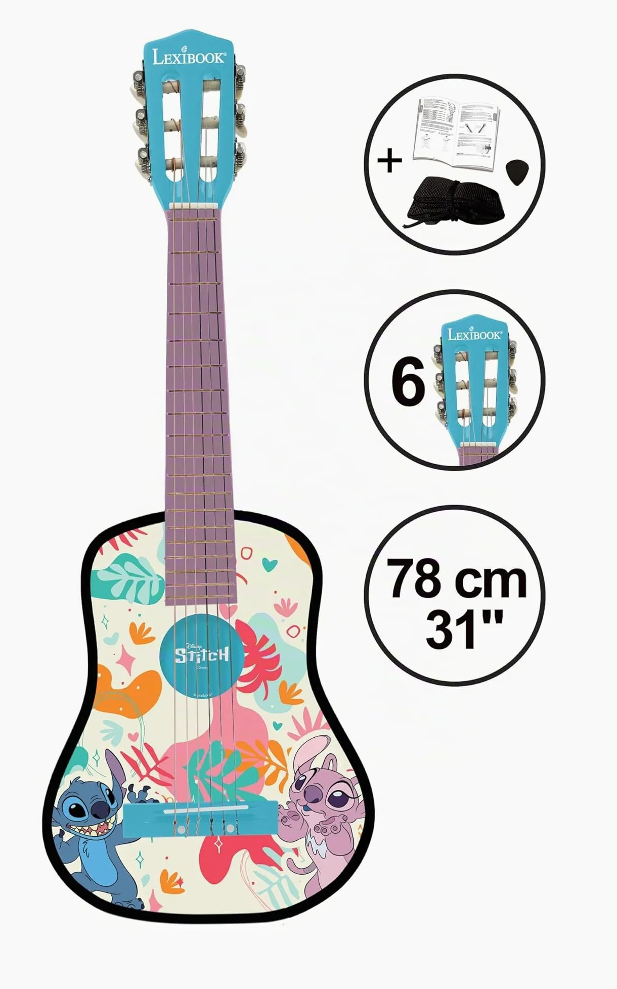 Lexibook, Disney Stitch, La mia prima chitarra acustica in legno, 6 corde in nylon, 78 cm (30), Guida all’apprendimento, plettro e tracolla inclusi, Blu, K2000DLXB
