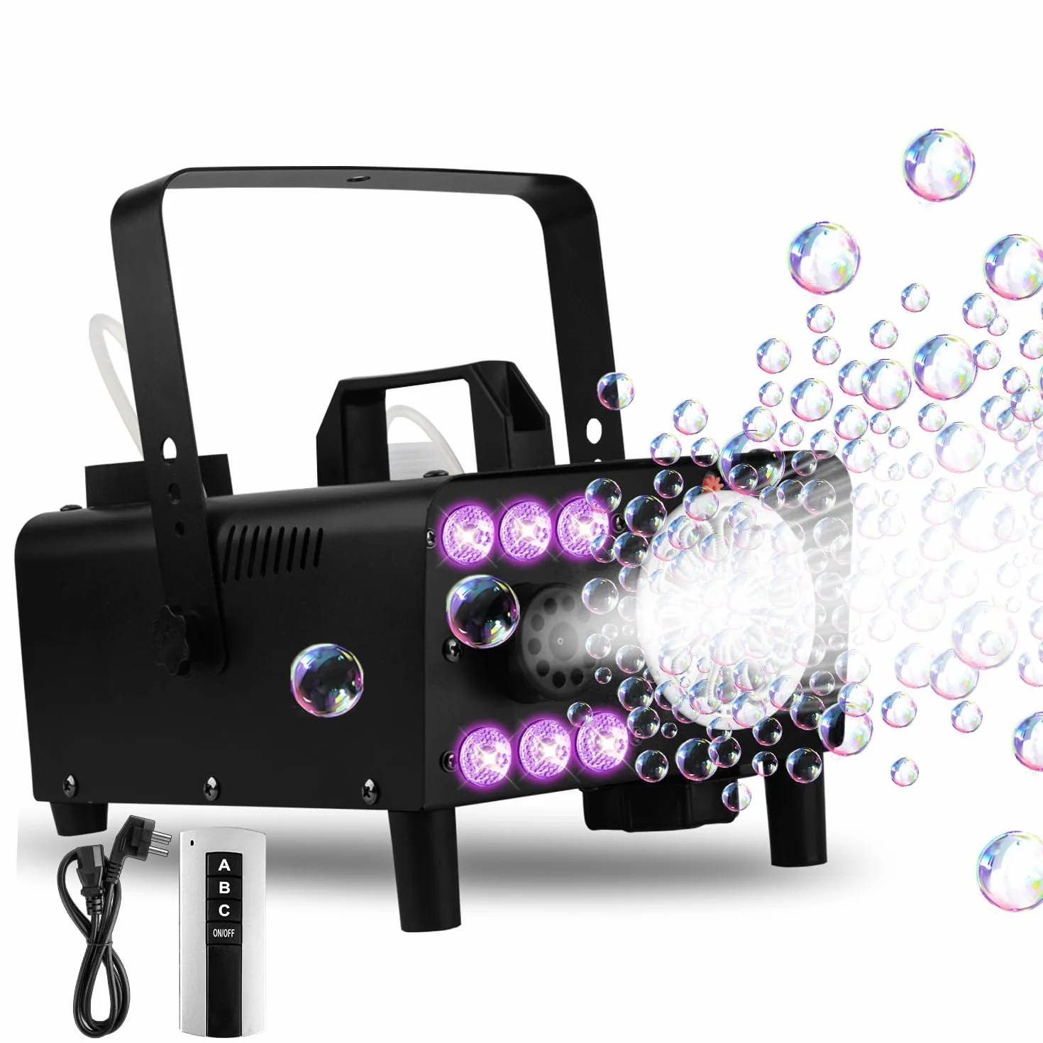 Macchina per bolle di fumo 3 in 1 con luci a LED e telecomando wireless, soffiatore per bolle, illuminazione RGB per feste, matrimoni, Halloween, Natale