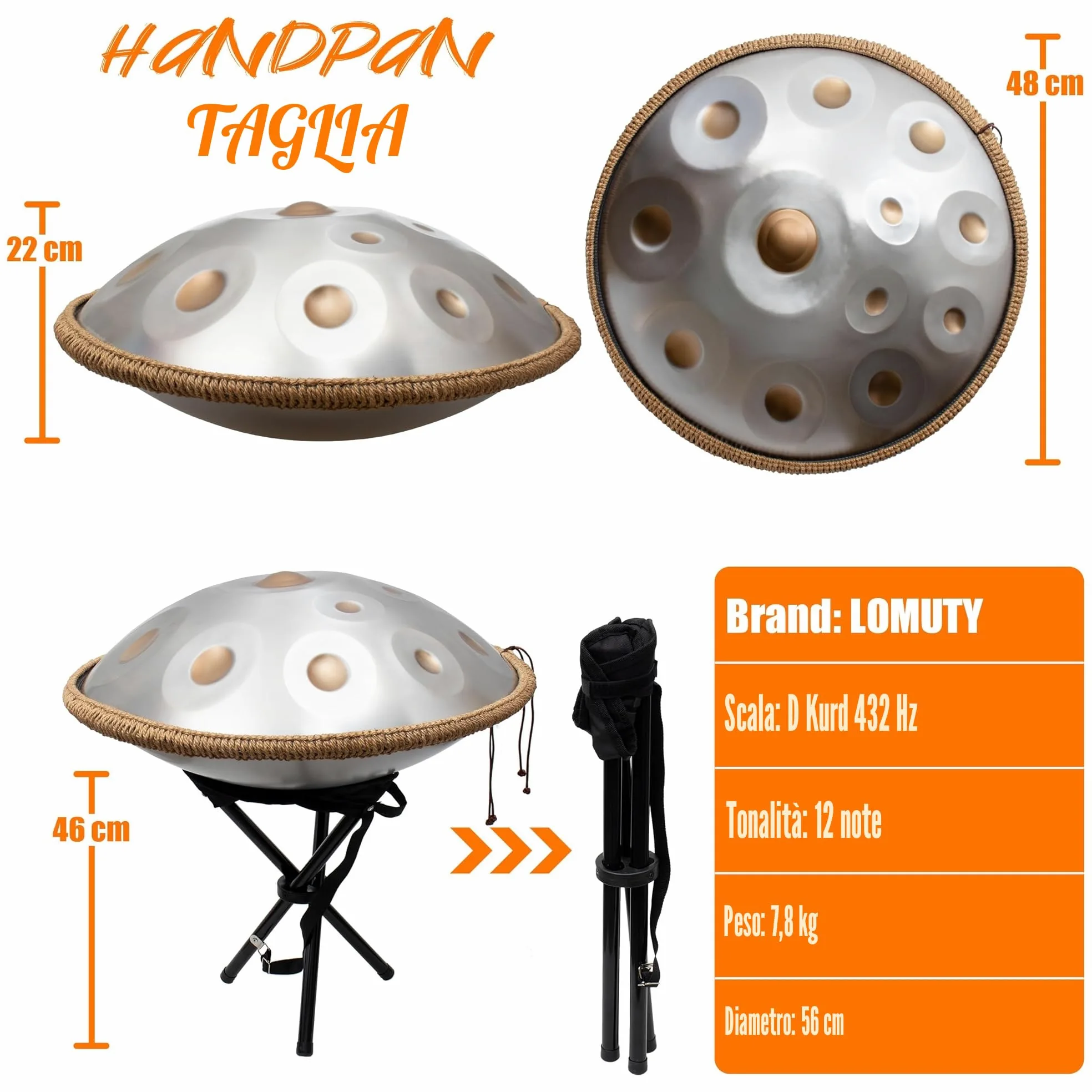 Handpan 440 HZ Avanzato, Hand Pan 12 Note 22 Pollici, Tamburo-Acciaio in D Minore, Tamburo a Mano con Borsa per Trasporto e Supporto, Steel Drum per Sound Healing, Meditazione, Argento