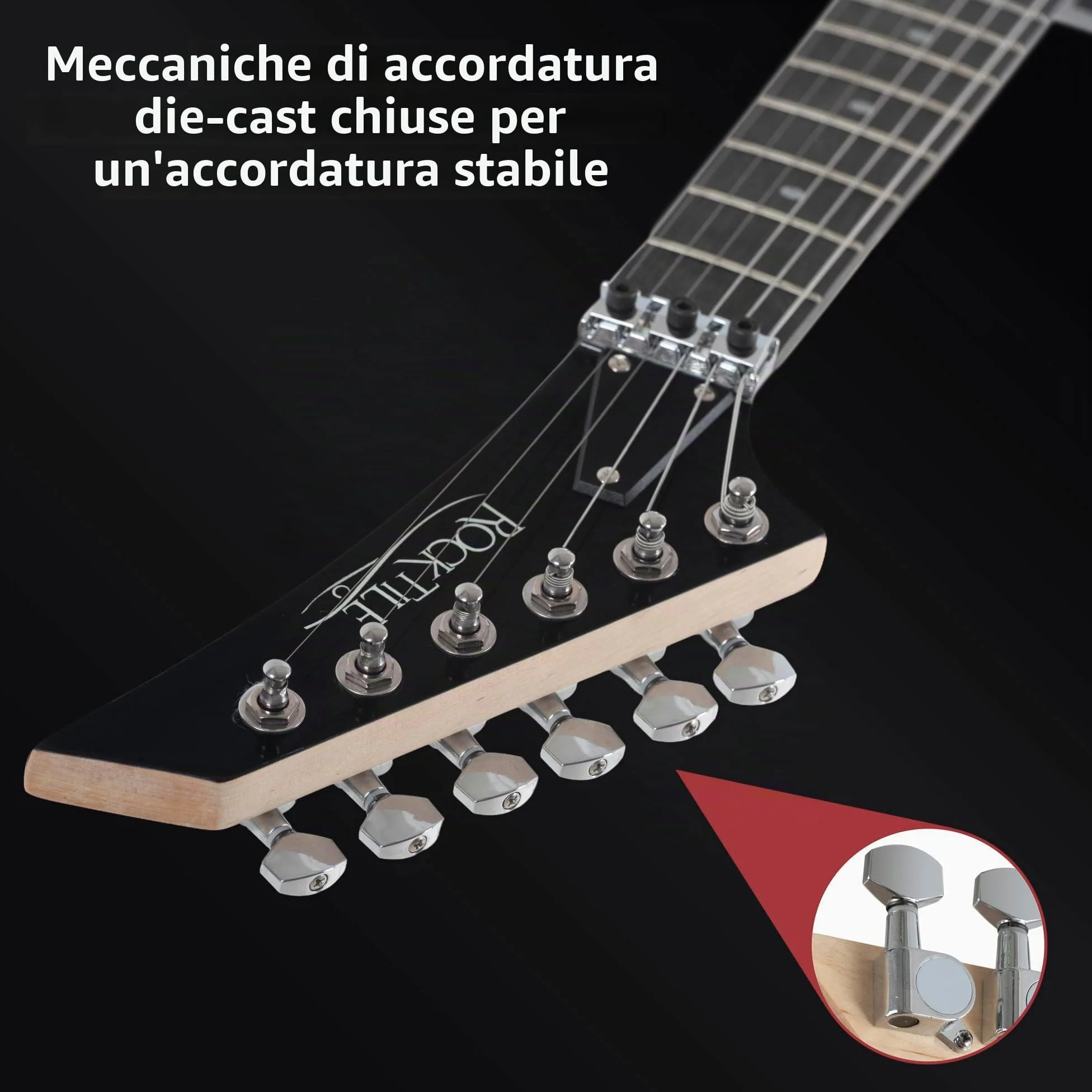 Rocktile MG-3013 Blade Chitarra Elettrica - Serie Heavy a 6 corde con corpo in tiglio, manico in acero, 2 Humbucker, FR-Style Tremolo, 22 tasti, scala 25,5" Mensur, cavo e accessori - Black