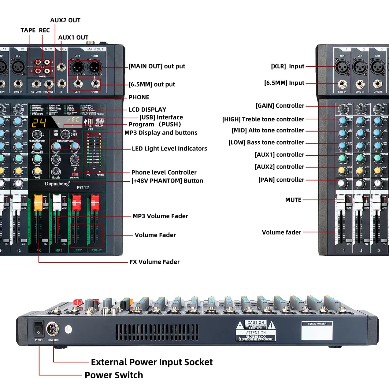 Depusheng FG12 - Mixer audio professionale a 12 canali per la registrazione del computer, interfaccia controller audio, mixer da studio 24 DSP integrato con alimentazione phantom da 48 V,Bluetooth