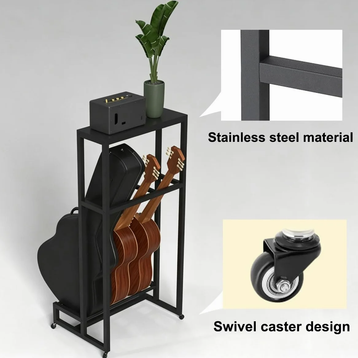 Supporto mobile in metallo per chitarre e accessori per amplificatori | Ospita 3 strumenti a corda, con ripiano superiore, ideale per studi musicali domestici
