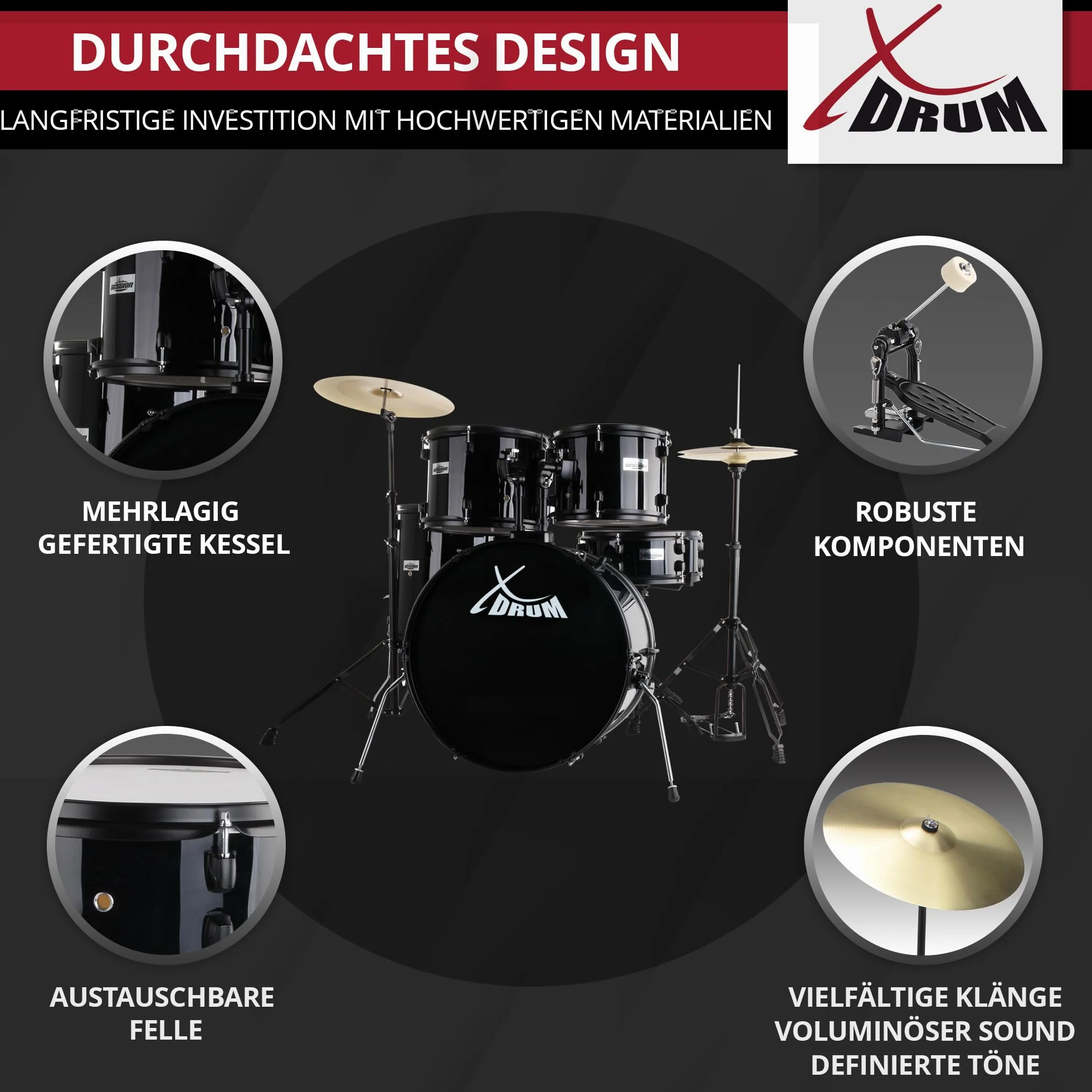 XDrum Rookie 22" Fusion Batteria Completa Black - Ideale per Principianti - Hardware Elegante in nero - Incl. Bacchette, Istruzioni di Montaggio e Scuola di Batteria - Nero