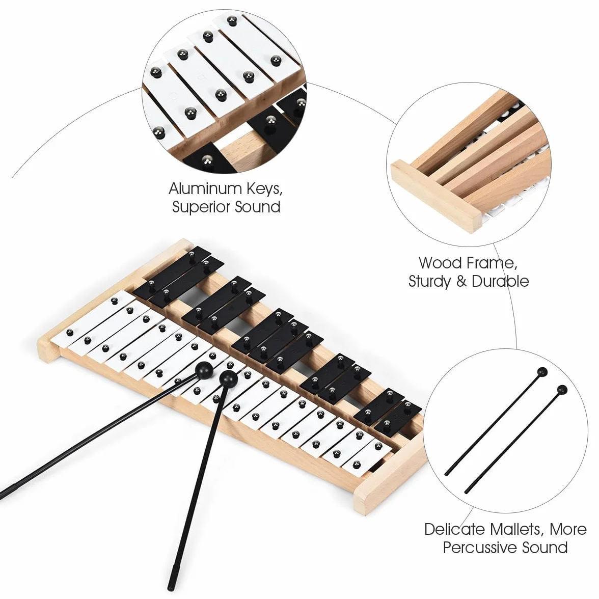 KOMFOTTEU 27 note xilofono, carillon con tasti in metallo e base in legno, percussione a mano con 2 bacchette portatile con custodia per il trasporto, strumento a percussione per prestazioni, concerto