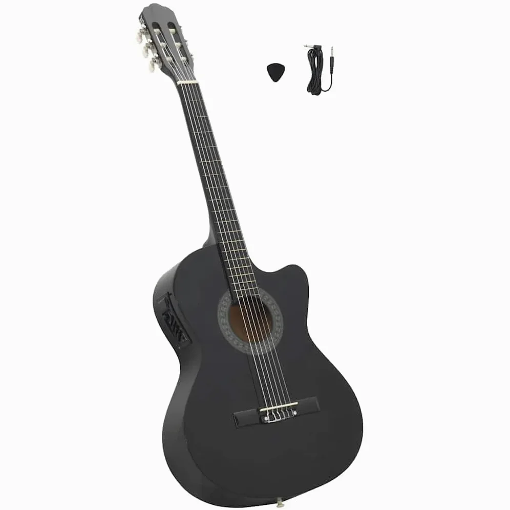 Chitarra western Cutaway nera 4/4 39" con equalizzatore a 4 bande e 6 corde in nylon, chitarra acustica in legno di tiglio per principianti, insegnamento, esercizio, palco e amplificatore
