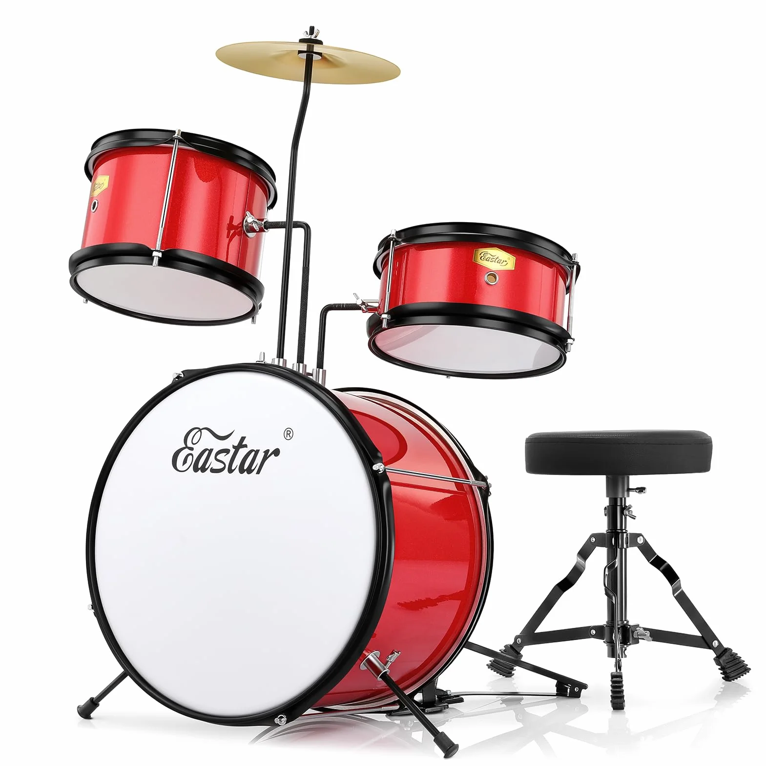 Eastar Batteria per Bambini per età 3-10 Anni, Junior Drum Set con Rullante, Tom, Grancassa, Pedale Grancassa, Sedile e Bacchette (Rosso)