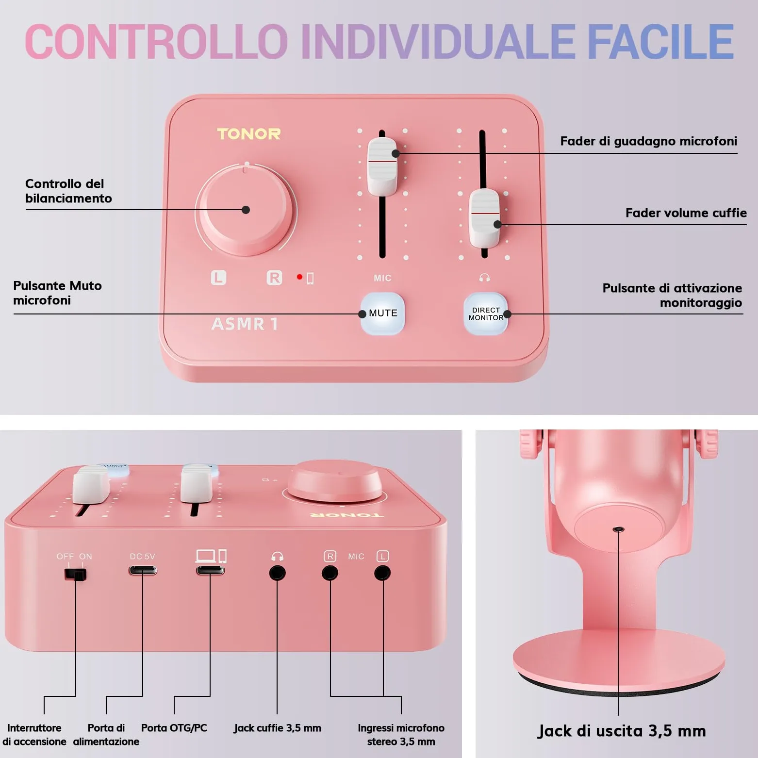 TONOR Microfono ASMR Equipment Bundle, Microfono a Doppio Condensatore con Interfaccia Audio, Audio 3D Immersivo, Suono Nitido, Controllo del Volume, Set per ASMR, Podcast, Registrazione, Rosa