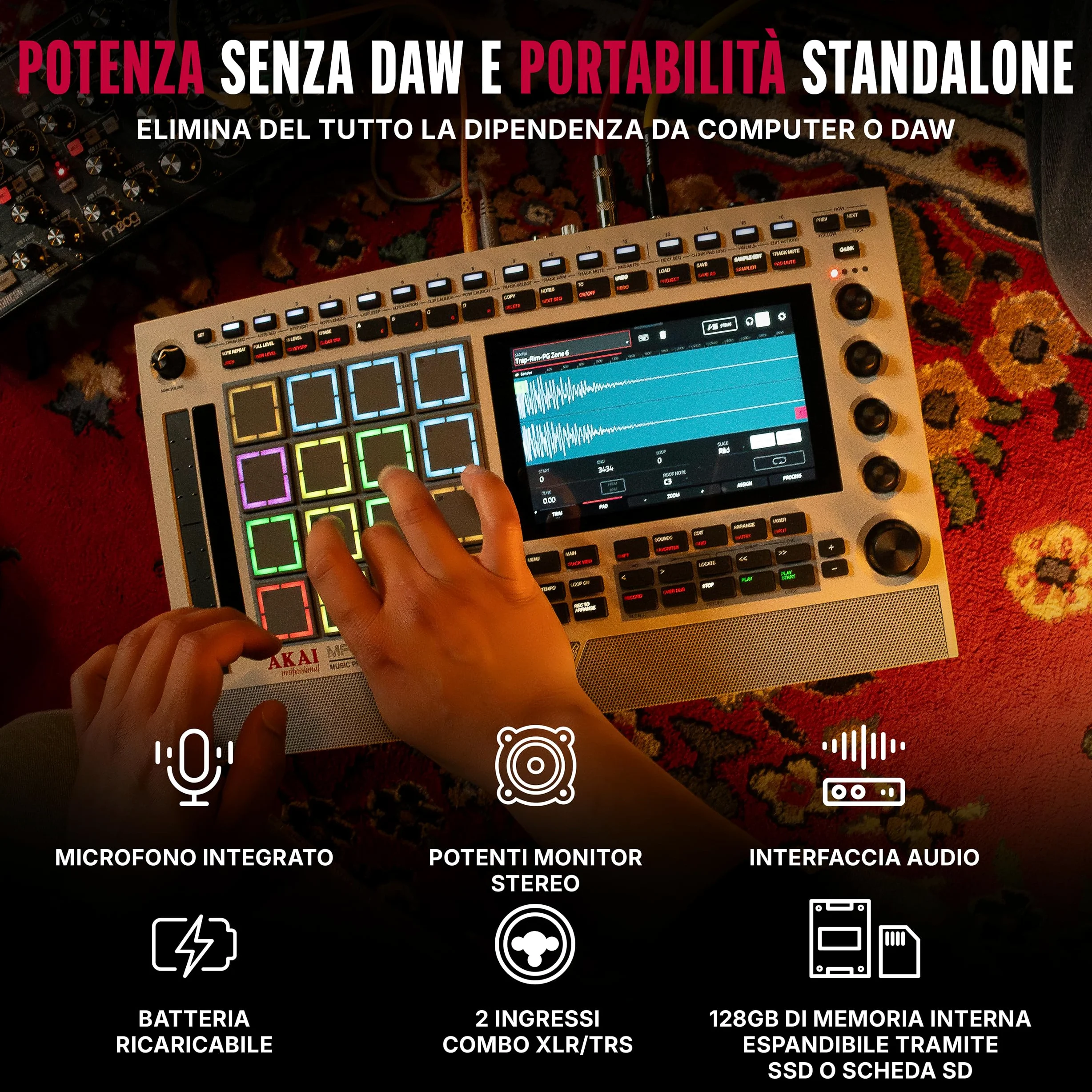 Akai Professional MPC Live III Retro Centro di Produzione Musicale Portatile Standalone con Pads MPCe, Sequencer, Touchscreen, Microfono, Monitor Stereo, Interfaccia Audio, Wi-Fi, Bluetooth, Batteria