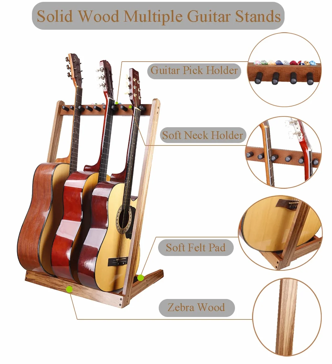 KingPoint Supporto per chitarre multiple in legno, supporto per chitarra multi-testa, organizer per chitarra, con fessura per plettri per chitarra, adatto per chitarre di tutte le forme