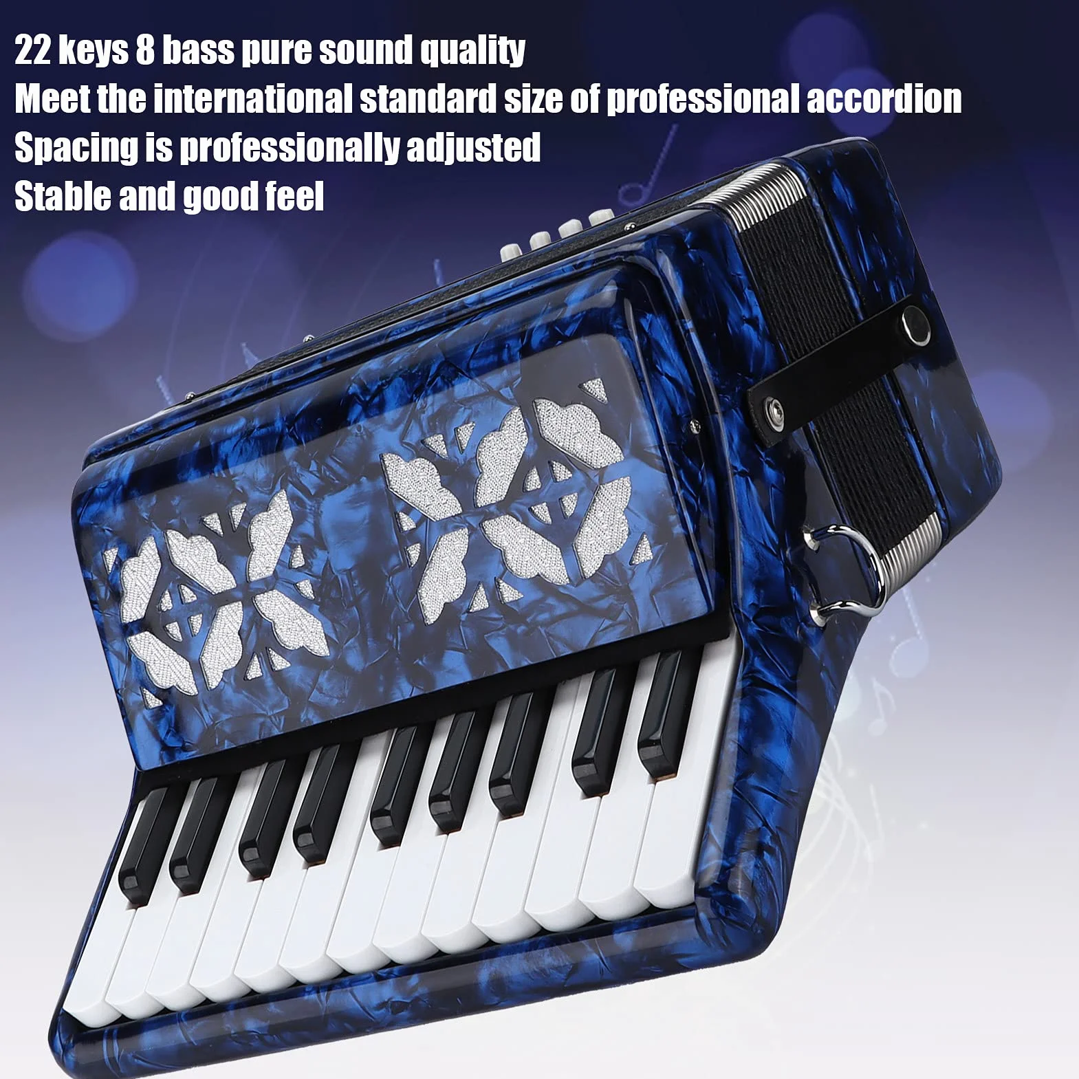 Fisarmonica Professionale 22 Tasti 8 Bassi, Musicale Portatile(blu) | Con Tastiera in Legno e Tracolla Regolabile, Inclusi Guanti e Panno per Pulire per Principianti e Musicisti Adulti