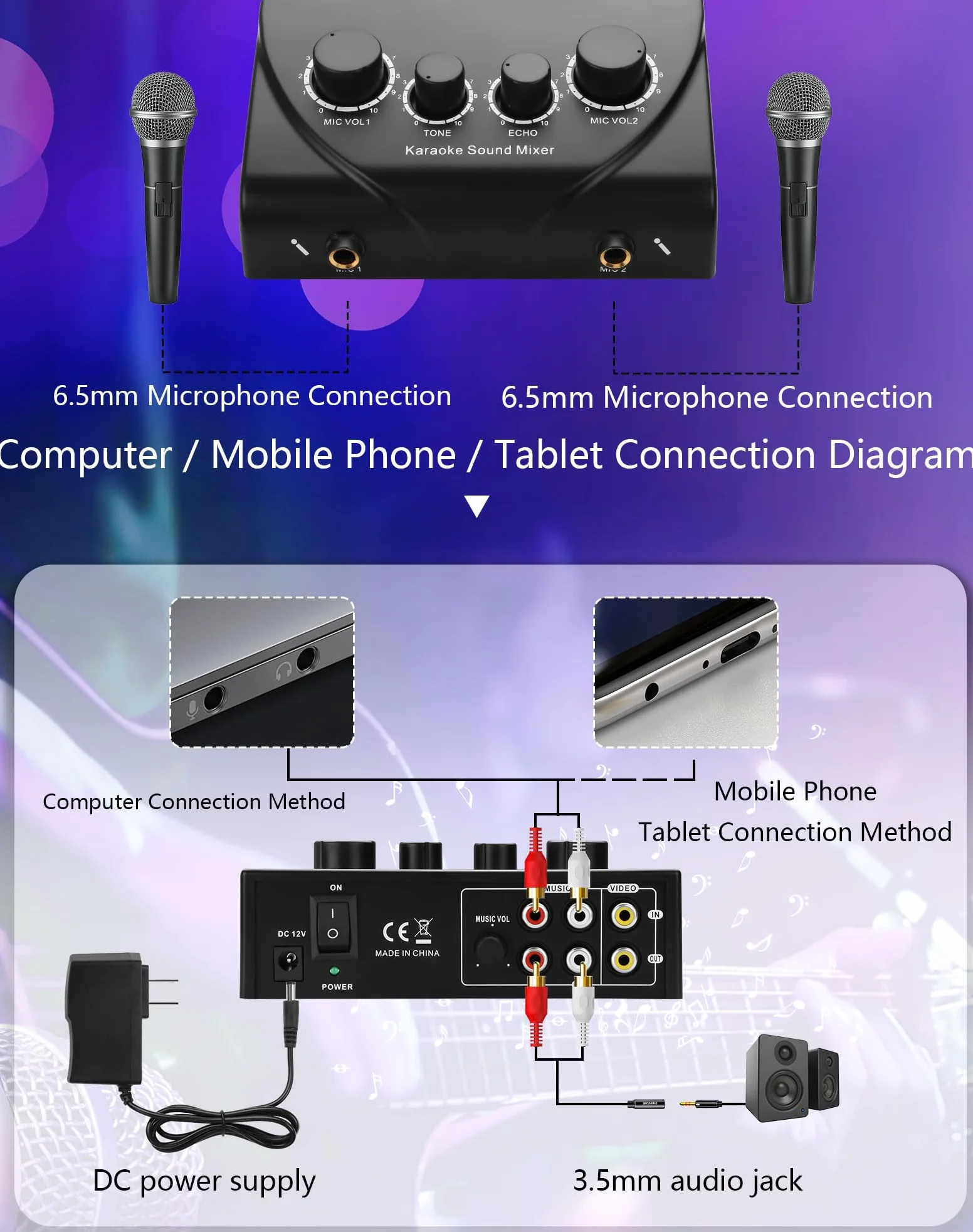 CERRXIAN Mixer audio per karaoke, doppio ingresso microfono con controllo dell'eco, compatibile con TV, computer, smartphone e tablet, per karaoke a casa