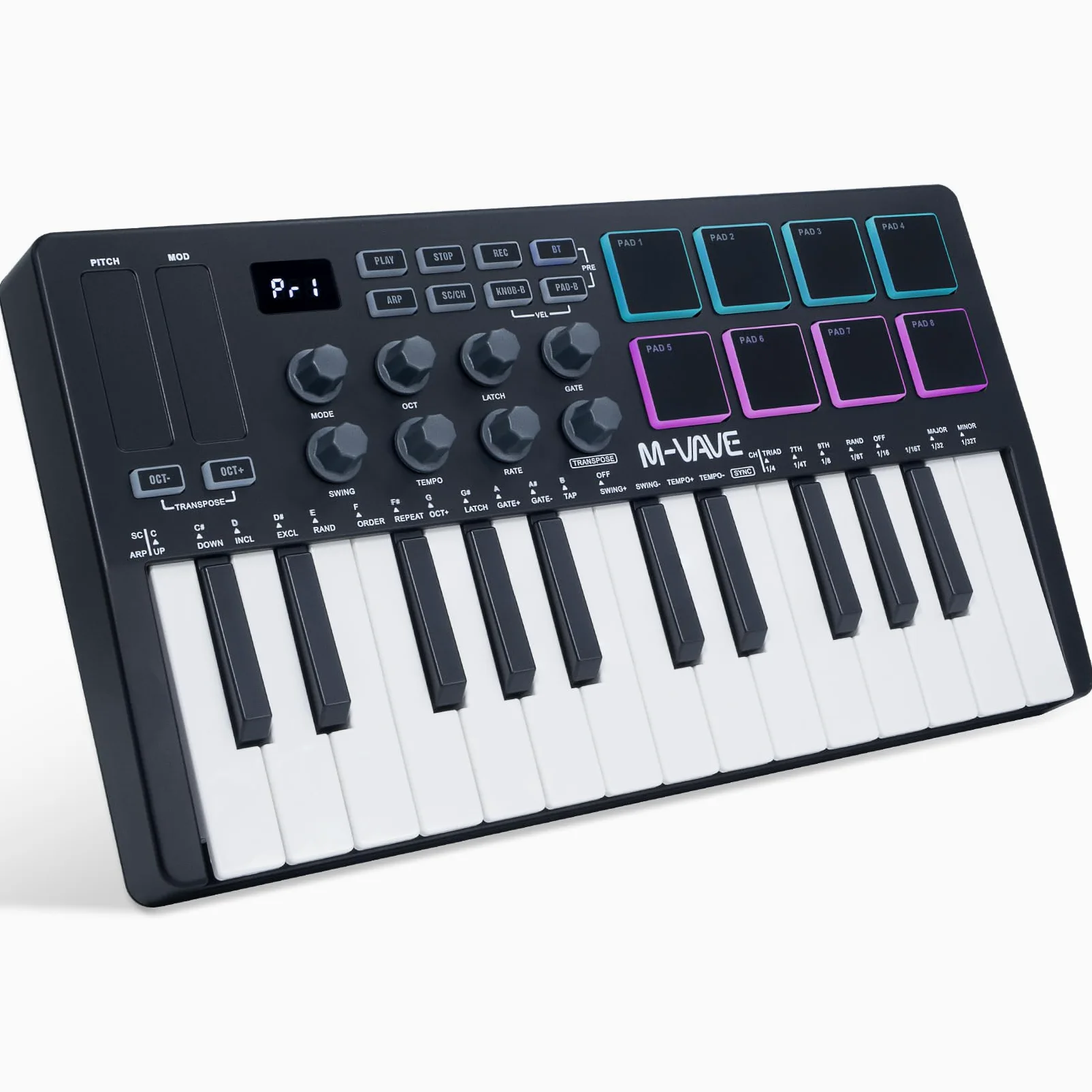 M-VAVE 25 tasti 8 retroilluminati Drum Pads Tastiera MIDI - Beat Maker professionale e Keytar per la produzione musicale Tastiera Batteria integrata Connessione wireless, Nero, MIDI 8 PADS
