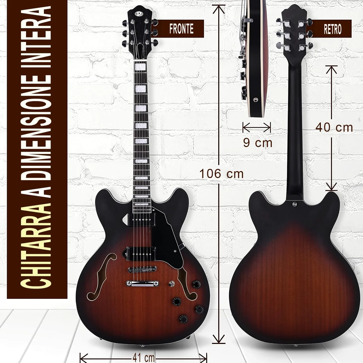 Pyle Chitarra Elettrica Semi-Hollow, Kit Chitarra Elettrica, Stile Jazz, 6 Corde con Borsa e Accessori, Full Size 106 cm