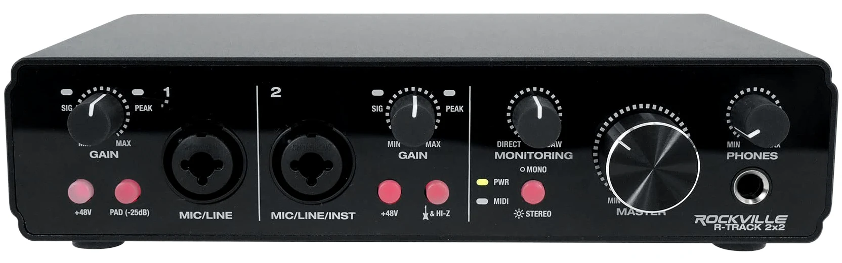 Rockville R-TRACK Interfaccia audio USB 2x2 24-bit 192kHz 2 preamplificatori microfonici, bassa latenza, costruzione durevole, compatibile DAW, perfetto per registrazione in studio domestico e