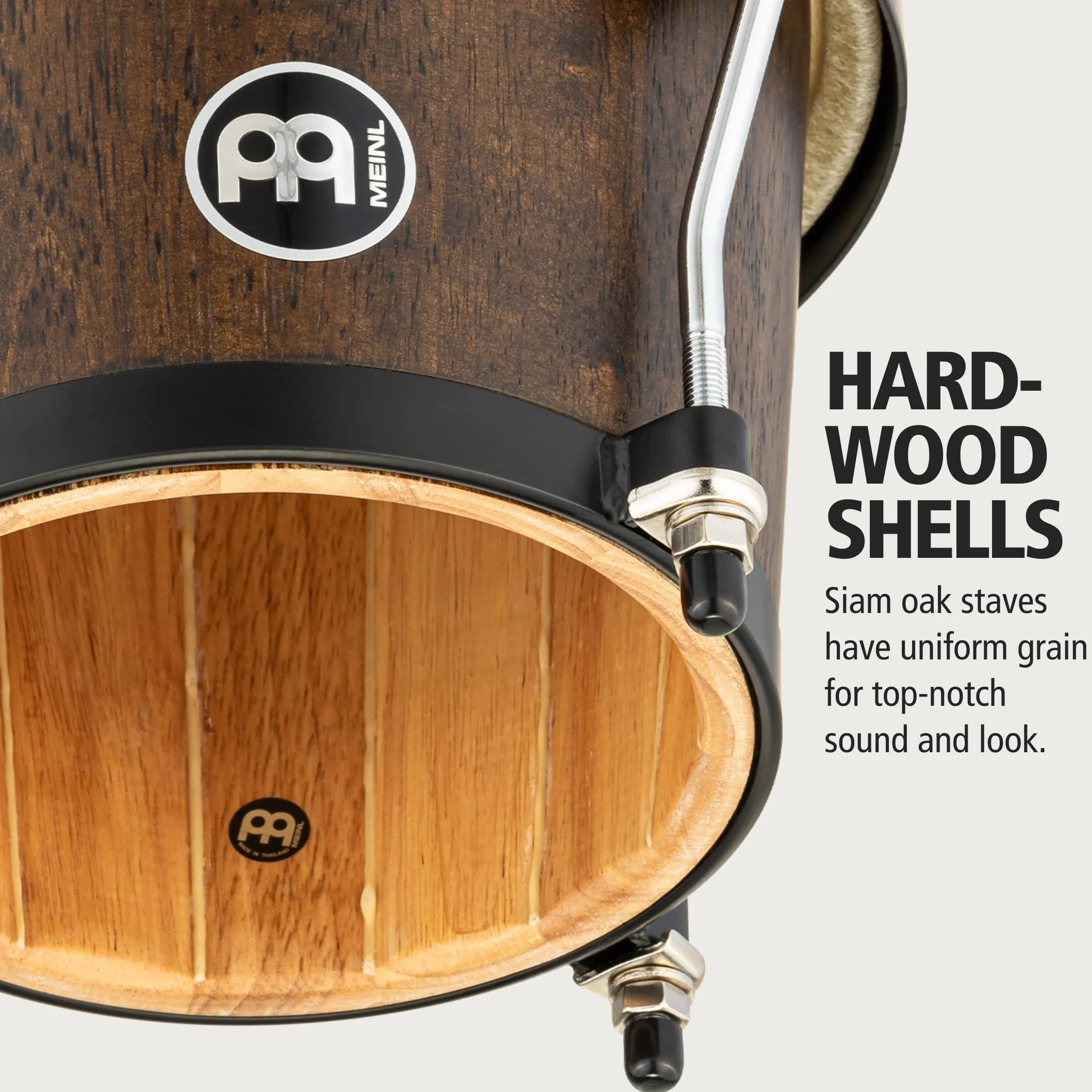 Meinl Percussion Bongos Headliner Wood - 2 Tamburi a Mano da 6.75 e 8 Pollici - Chiave Accordatura Inclusa - Quercia del Siam, Black (HB100VWB-M)