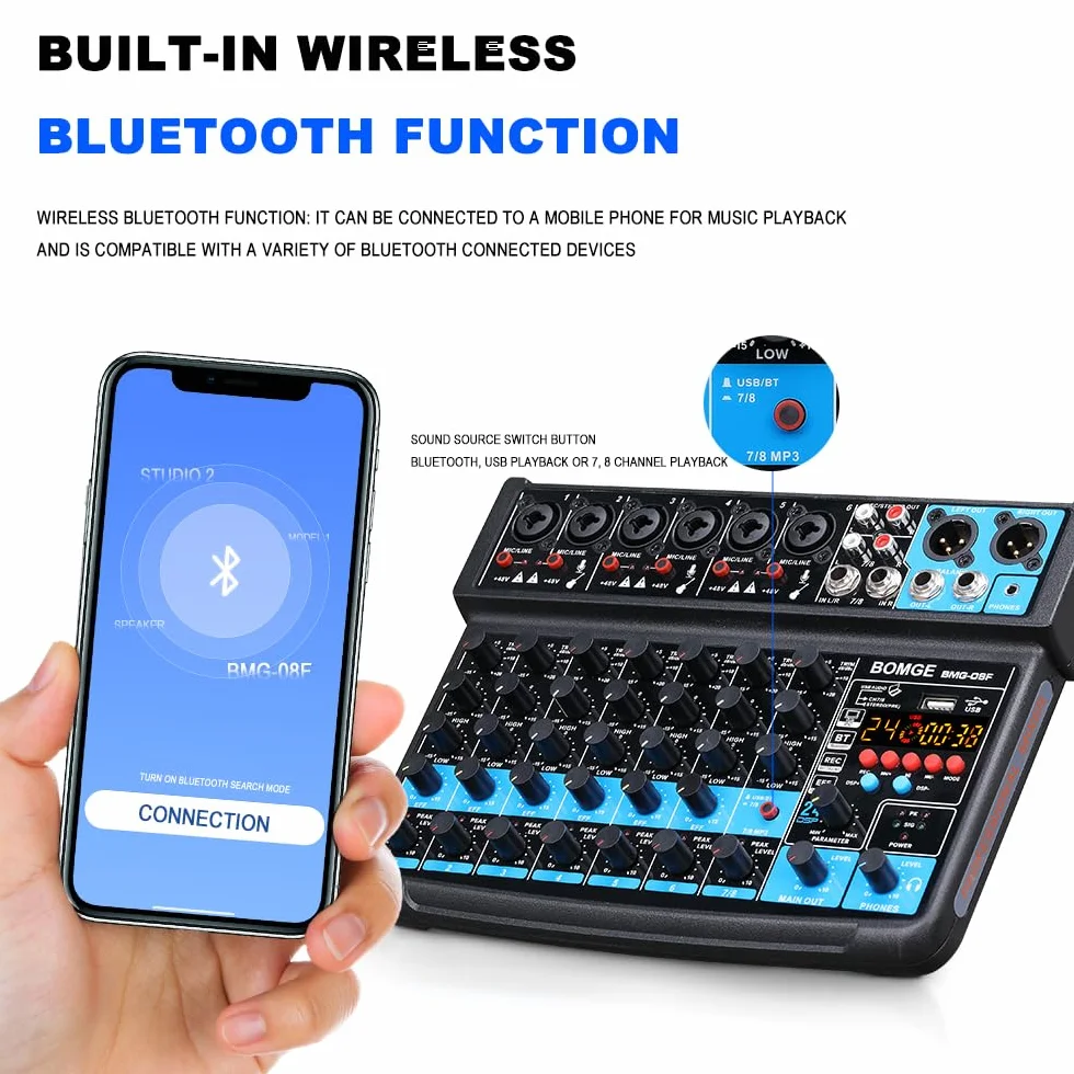 BOMGE 8 channel mini audio mixer Line Mixer ，DC 5V，with MP3 Player,Bluetooth, U disk 48V,24DSP effects, USB recording Ideal for Small Clubs or Bars, Studio Recording (8 channels-BLACK)