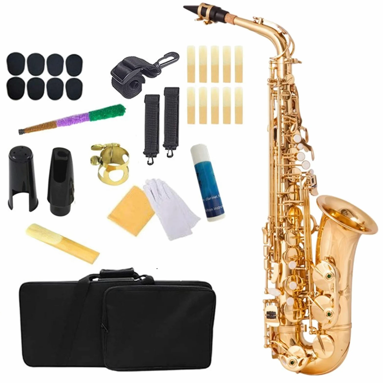 Sassofono Contralto Ottone Laccato Oro E Piatto Sax BE Strumento A Fiato Chiave Con Custodia Kit principianti sax (Color : Golden)