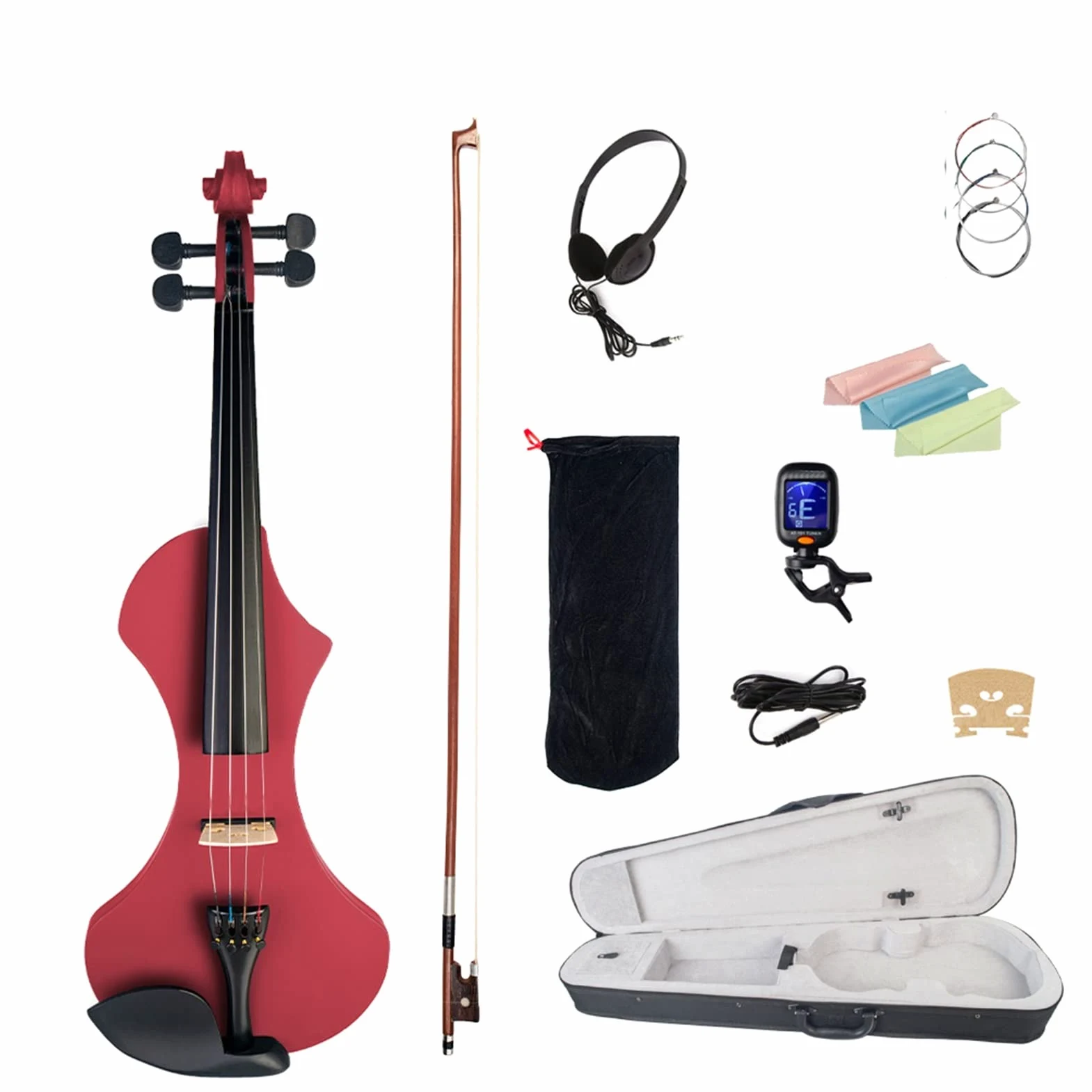 Violino Elettrico 4/4 in Legno Massello Set Silenzioso con Custodia da Trasporto + Cavo Audio + Stringhe Extra + Sintonizzatore + Bridge Violino Studente Kit Violini