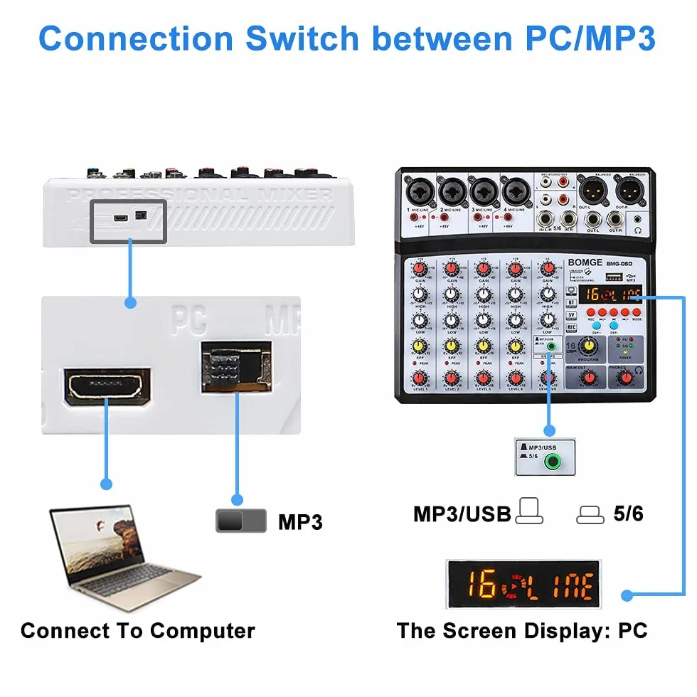 BOMGE Professionale 6 Canali 99DSP DJ Audio Sound Mixer Interfaccia Console di Mixaggio Desktop Karaoke con Ingresso MP3, USB, Ingresso Bluetooth, Registrazione Stereo, Alimentazione Phantom 48V