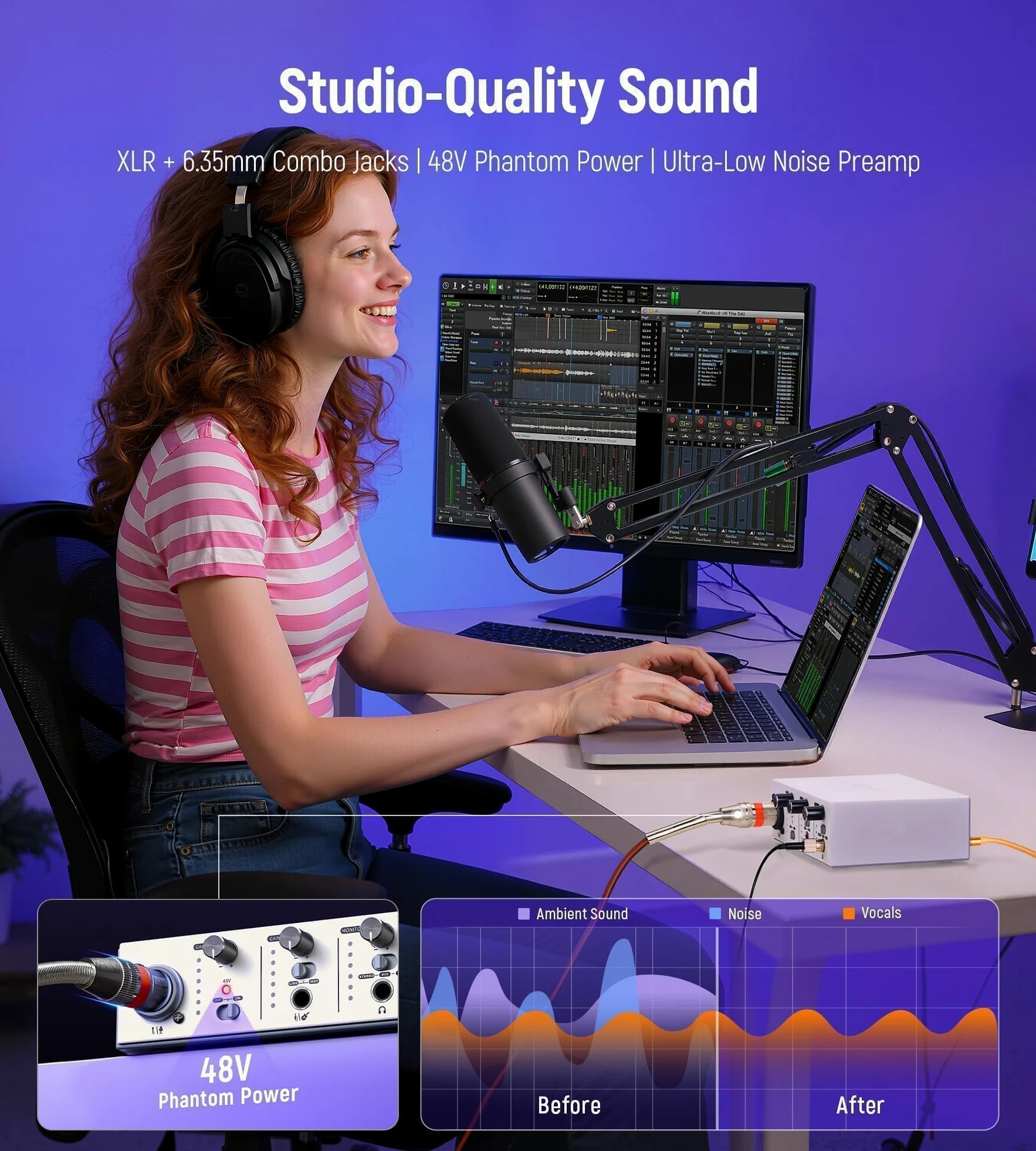 Synido Interfaccia audio USB C per la registrazione di musica, streaming, podcasting con XLR, ingresso di linea, 24 bit/48 kHz, alimentazione phantom 48 V, 2 canali, argento