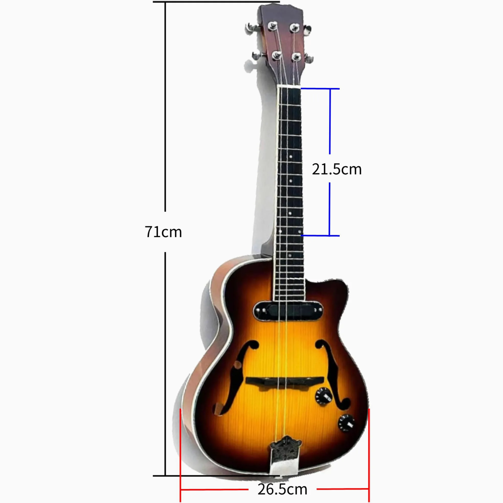 Batking Jazz Ukulele con foro F e pickup, mini ukulele elettrico-acustico a 4 corde in acciaio con cutway (mano destra, 66 cm)