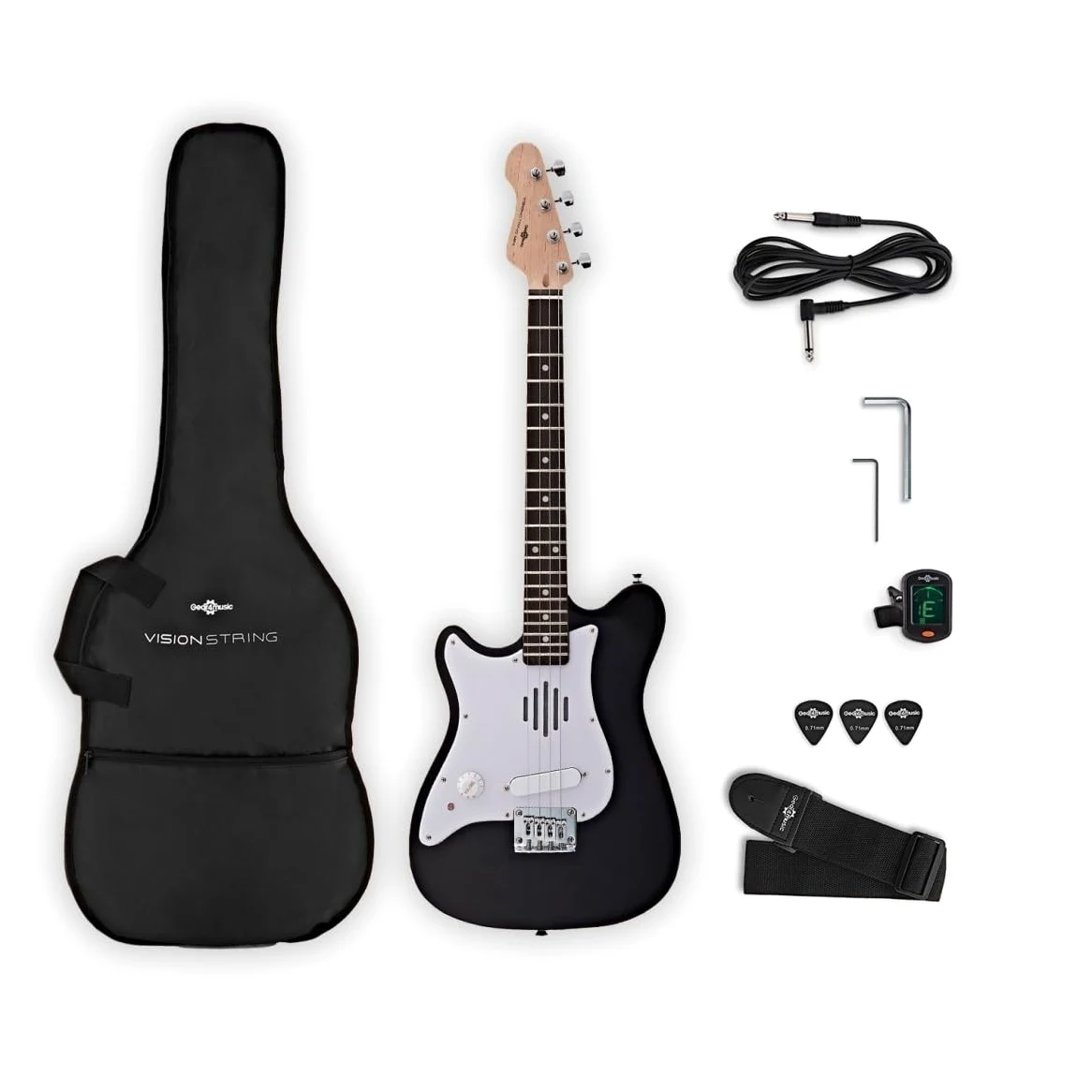 VISIONSTRING Mini Chitarra Elettrica Mancina 1/2 con Altoparlante, Nero | Chitarra Bambini 1/2 con Altoparlante Integrato, Borsa Tracolla Accordatore e Plettri, Mancina, Nero