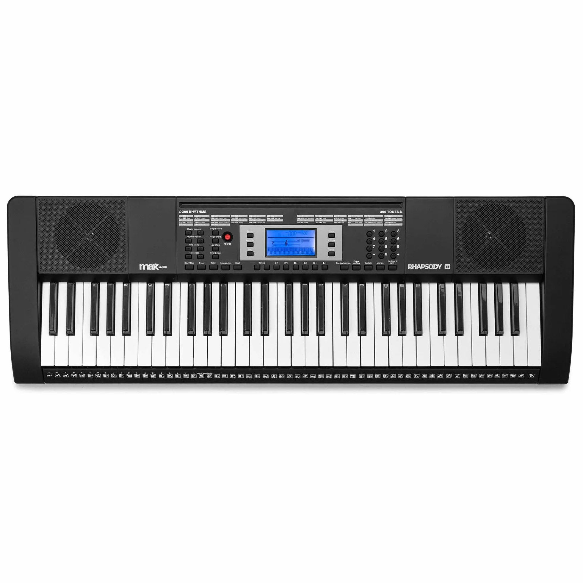 MAX Rhapsody61 - Tastiera elettrica con cuffie, 61 tasti, 300 campanelli, 300 ritmi, 50 canzoni demo, insegnamento intelligente della musica con tastiera, tastiera per principianti con altoparlanti