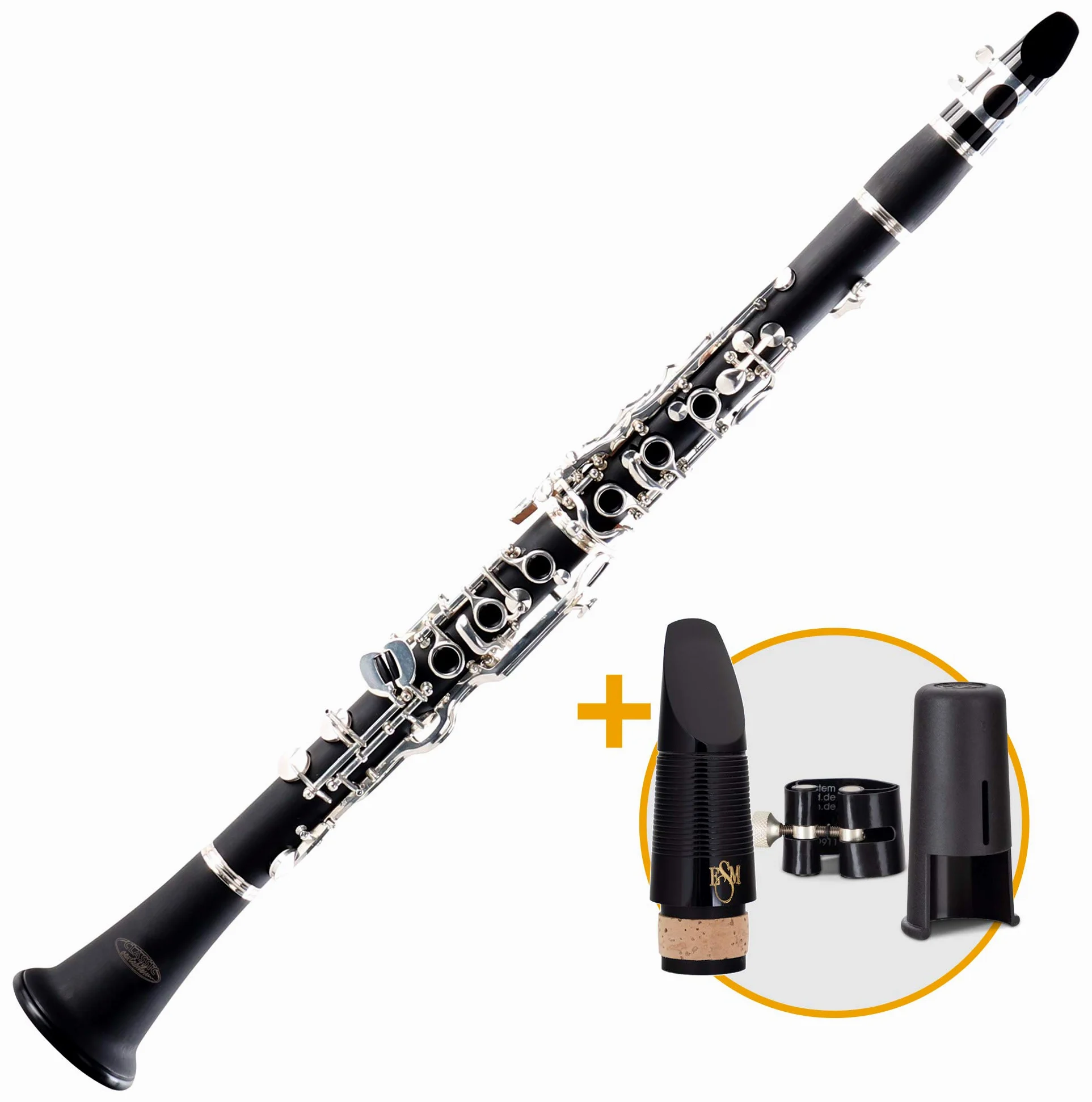 Classic Cantabile CLK-20 Clarinetto Sib Plastica Sistema Tedesco Set ESM | 20 chiavi, 6 anelli, Corpo in ebanite effetto legno, Meccanica argentata, Supporto pollice regolabile, Anello per tracolla