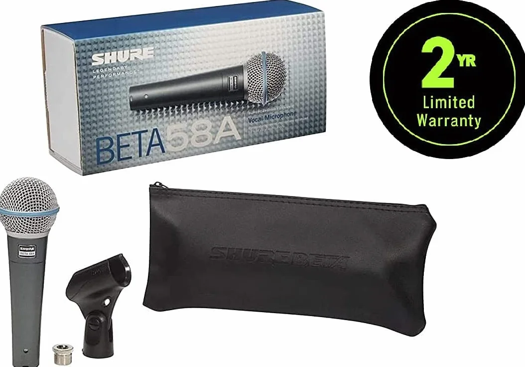 Shure BETA 58A Microfono Vocale Microfono dinamico supercardioide a elemento singolo per palcoscenico e studio, include adattatore per stativo regolabile A25D