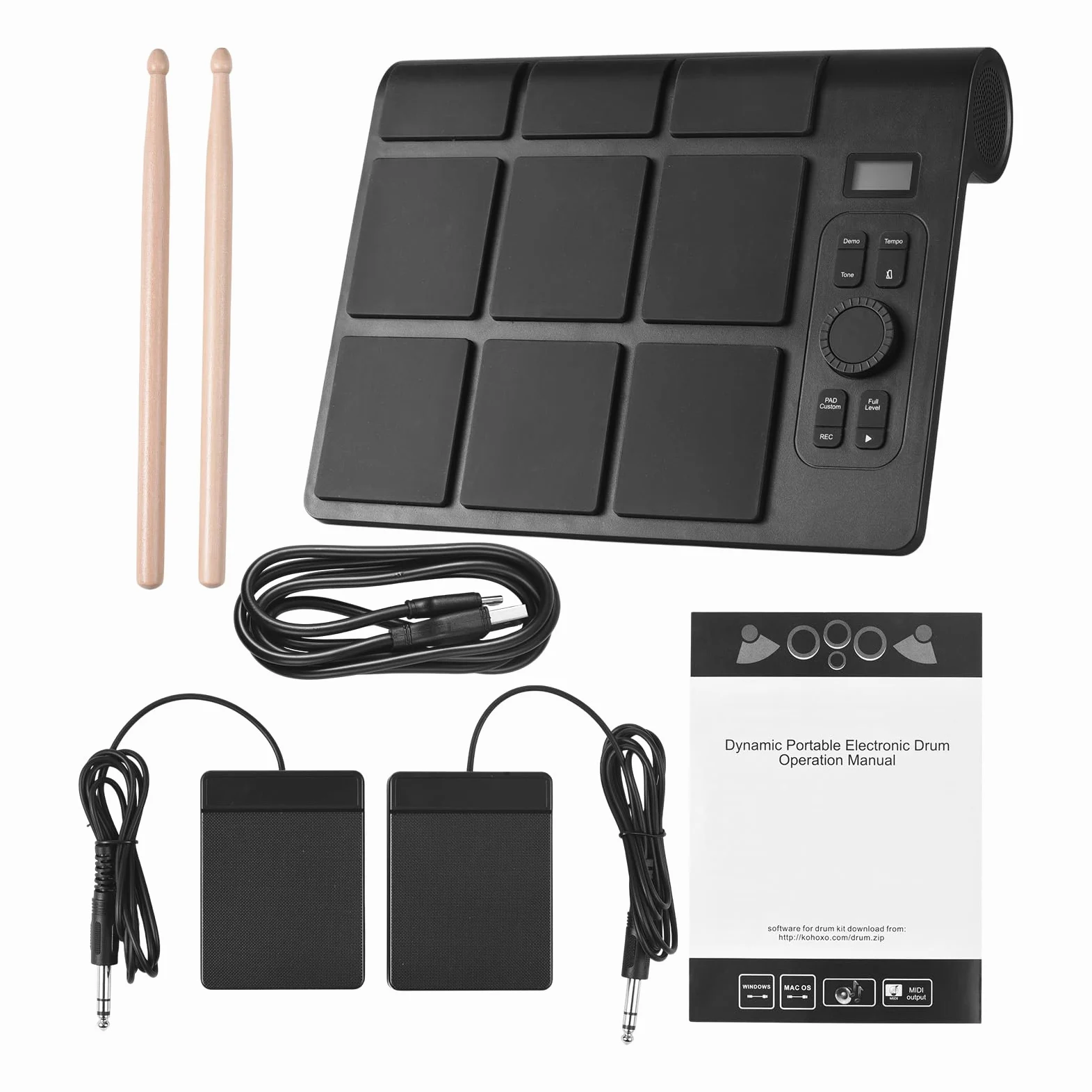 Batteria digitale portatile Batteria elettronica da tavolo Set di 9 pastiglie con 2 pedali 16 suoni di batteria Sensibilità regolabile Display LCD BT MIDI Connettività USB per pratica domestica Silent