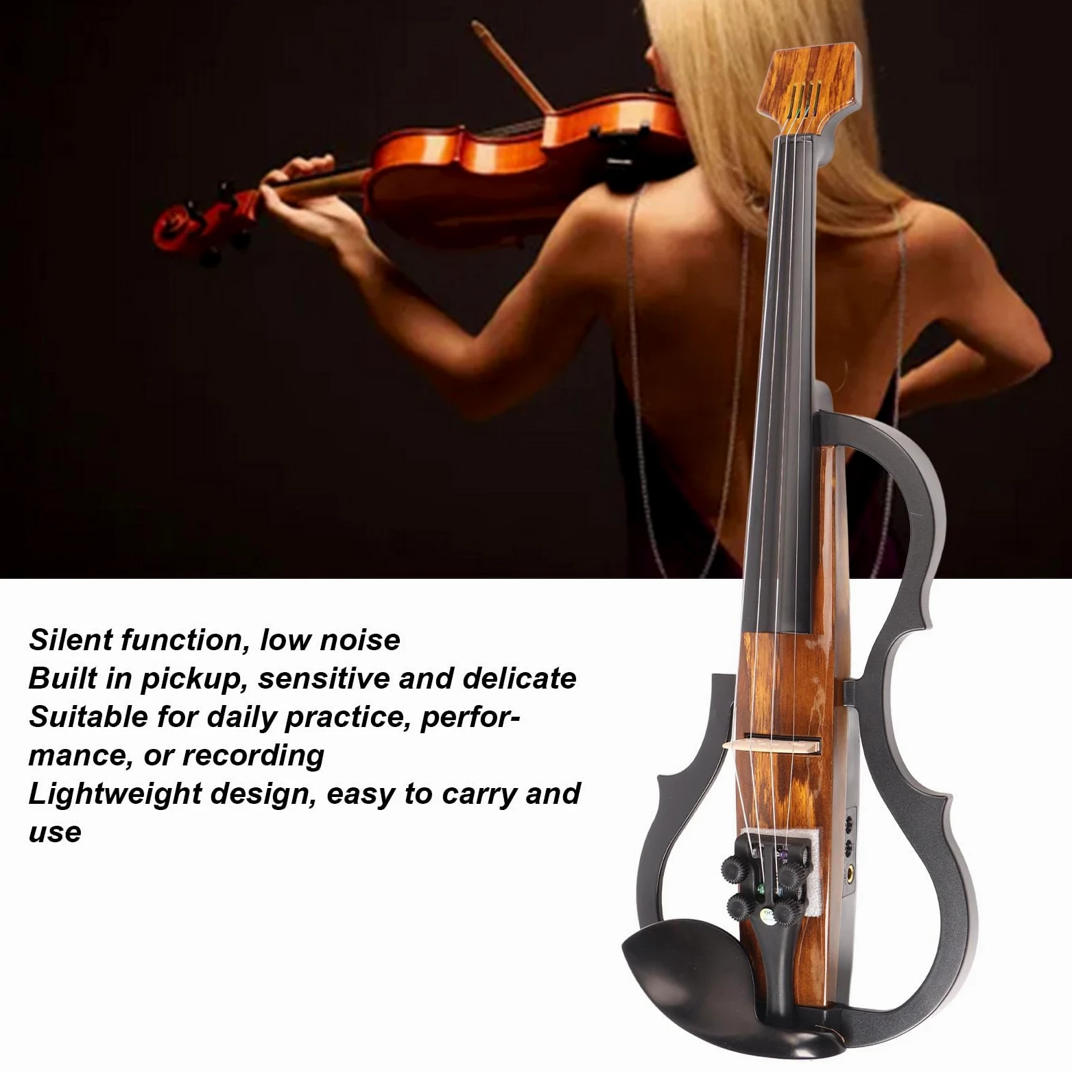 Violino elettrico silenzioso full size 4/4 con corpo in fibra di carbonio, timbro regolabile, pickup integrato e connettività del metodo audio per la pratica quotidiana