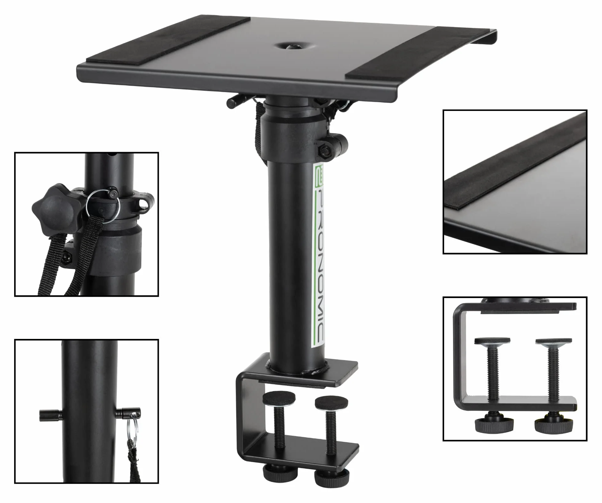 Pronomic SLS-36K BK Coppia di Supporti da Tavolo con Morsetto per Monitor da Studio - Molto Salvaspazio - Regolabile in Altezza da 24,5 cm a 41,5 cm - Piano con Fascia a Strappo - Nero