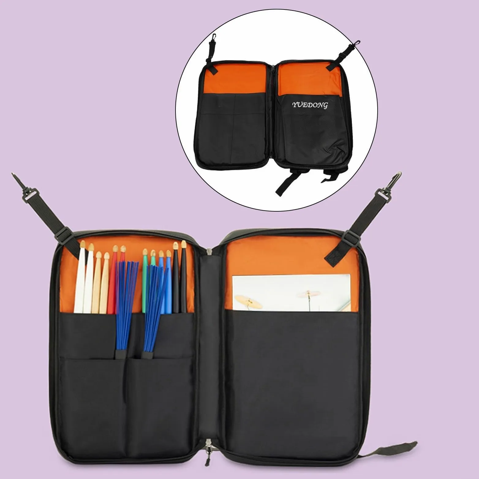 Zaino per bacchette da batteria, custodia imbottita in tessuto Oxford con doppio scomparto per batteria, spartiti e accessori, nero, 45 x 26 x 4 cm