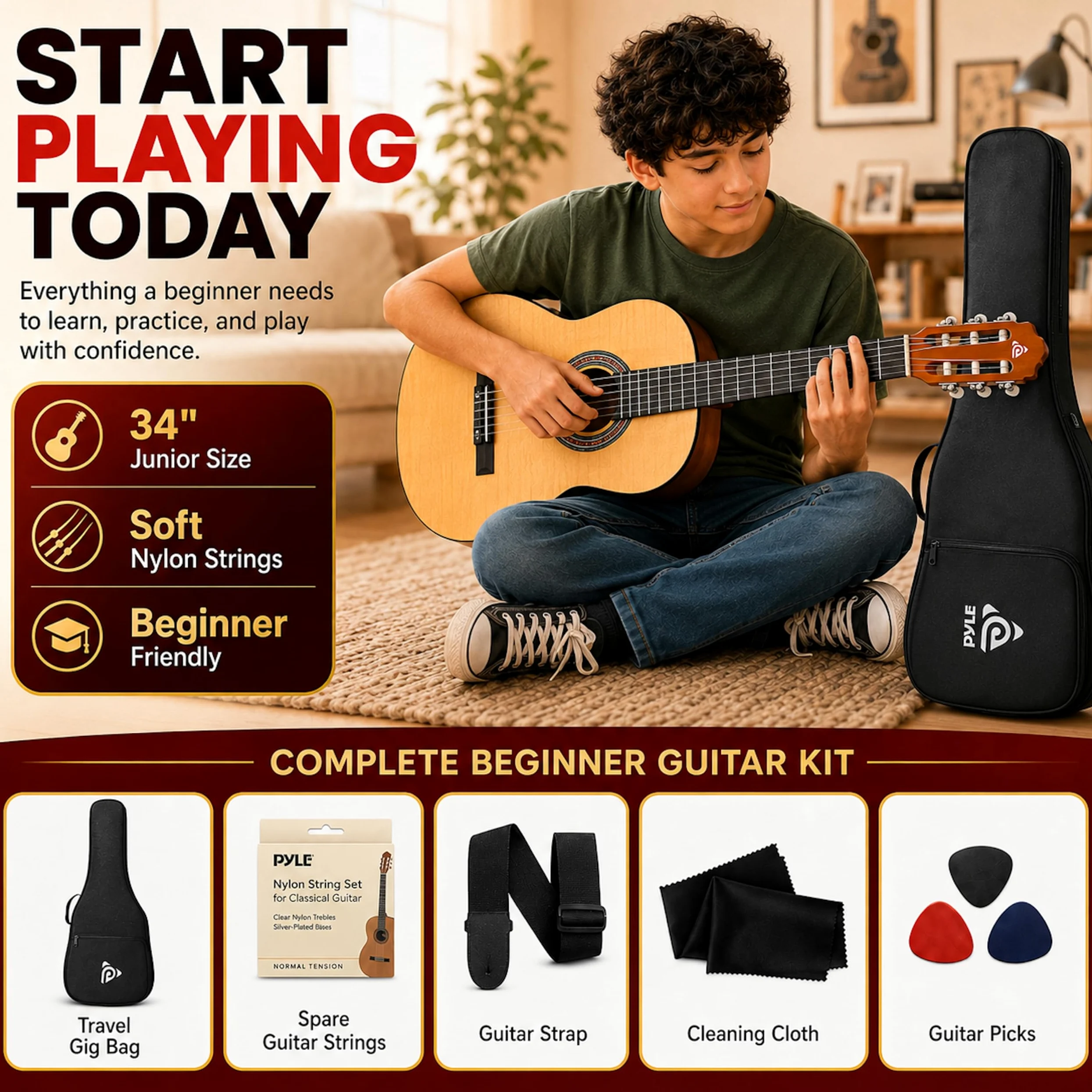 Pyle Kit per chitarra acustica per principianti, 1/2 Junior Size All Wood Instrument con kit di accessori completo, plettri, tracolla, custodia, panno per la pulizia, app accordatore, lezioni di 2