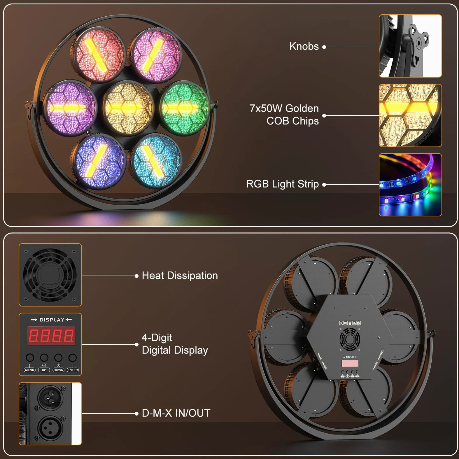 350W Par LED Scenico Lineare Vintage,7 LEDs COB Luce Calda + 189 LEDs RGB,Proiettore Luci da Palco Controllo DMX512,Illuminazione Discoteca per Feste Bar DJ Matrimonio Concerti Halloween Natale,2PCS