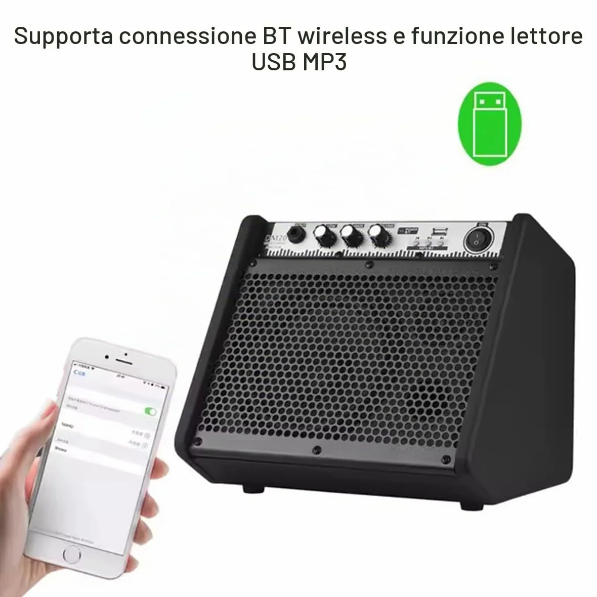 Coolmusic DM20 20W Amplificatore per monitor personale Bluetooth Amplificatore per batteria elettrica Altoparlante, tastiera e altoparlante per chitarra acustica (20W con cavo)