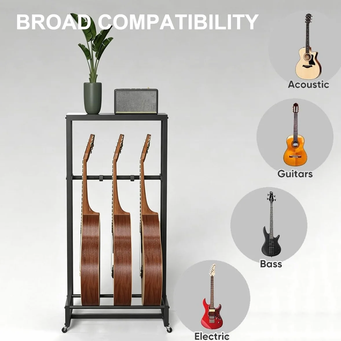 Supporto mobile in metallo per chitarre e accessori per amplificatori | Ospita 3 strumenti a corda, con ripiano superiore, ideale per studi musicali domestici