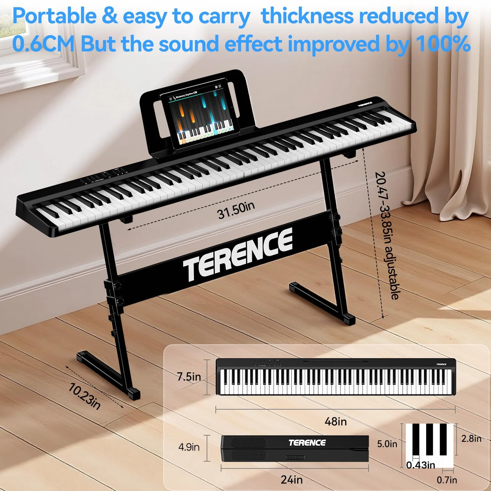 Pianoforte digitale portatile con supporto a Z TERENCE, tastiera per pianoforte semi-pesata a 88 tasti per principianti ed esperti funzione di registrazione audio integrata interfaccia MIDI Bluetooth