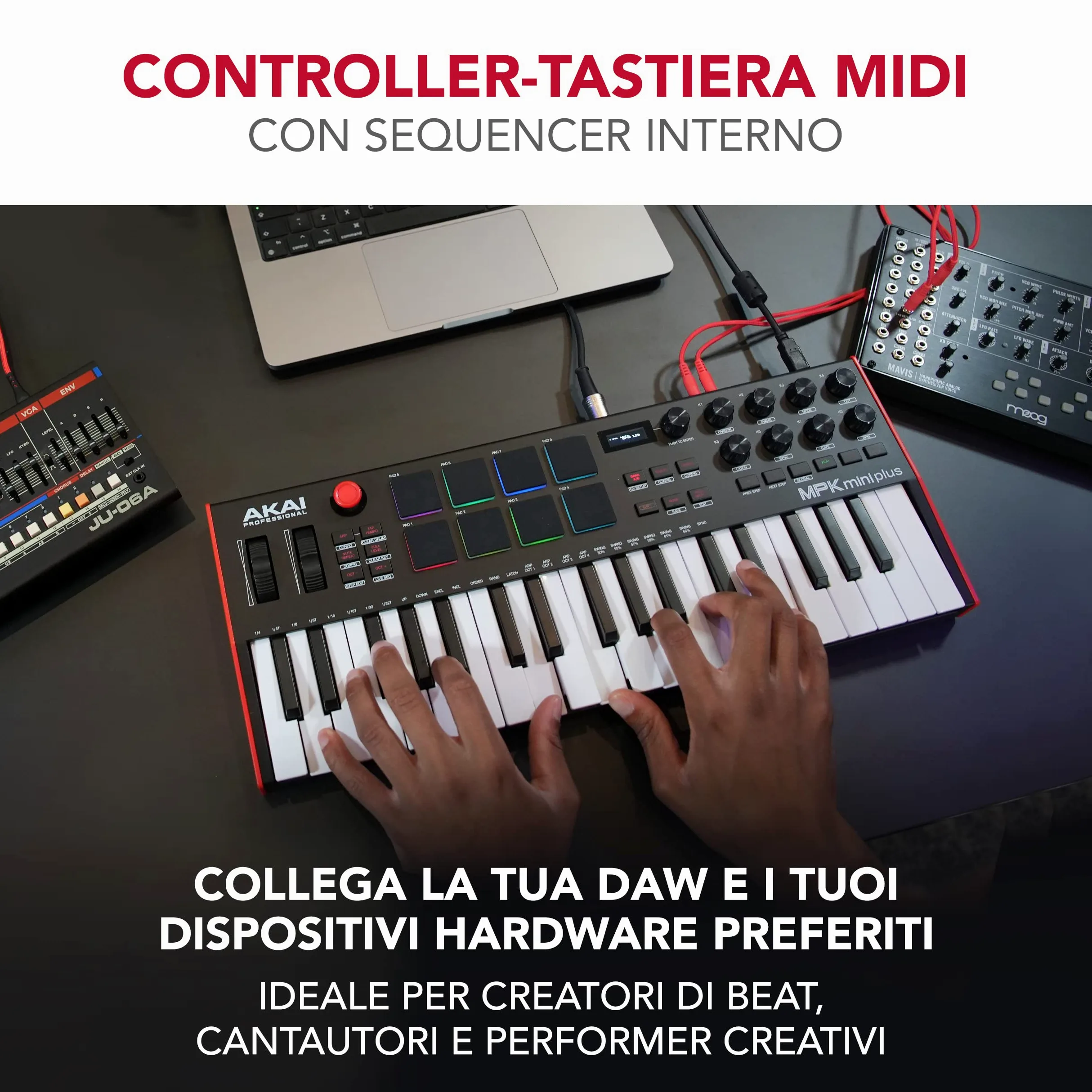 Akai Professional MPK Mini Plus - Controller Tastiera MIDI USB con 37 Mini Tasti, 8 Pad MPC RGB, Manopole Rotary, Software Musicale e Native Instruments Sound Package