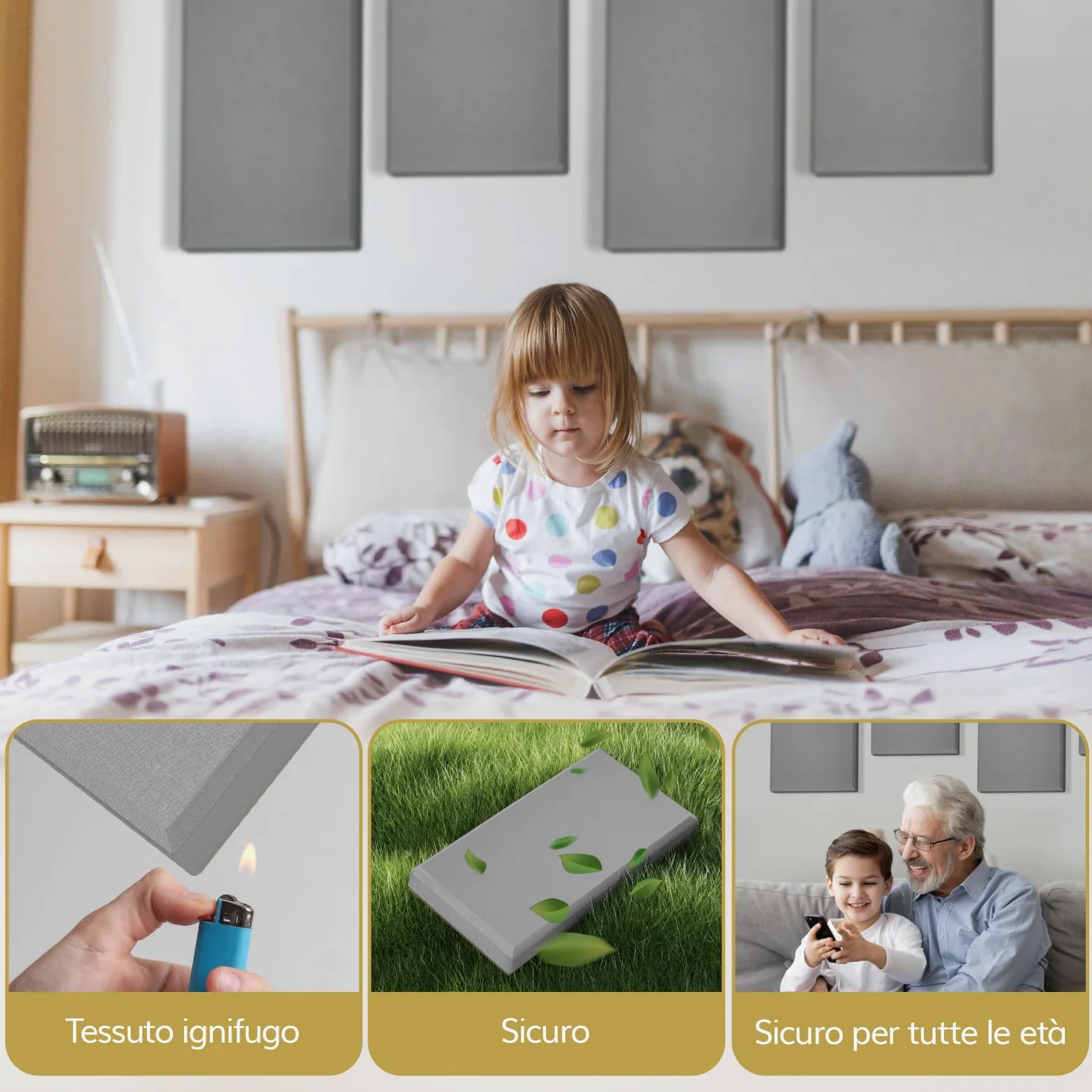 TONOR 4 PCS Grandi Pannelli Fonoassorbenti, 90x30x6 cm Pannello Acustica 3D in Fibra di Vetro con Autoadesivo, Pannello Decorativo per pareti che Assorbe L'eco, per Studio/Soggiorno/Casa, Grigio