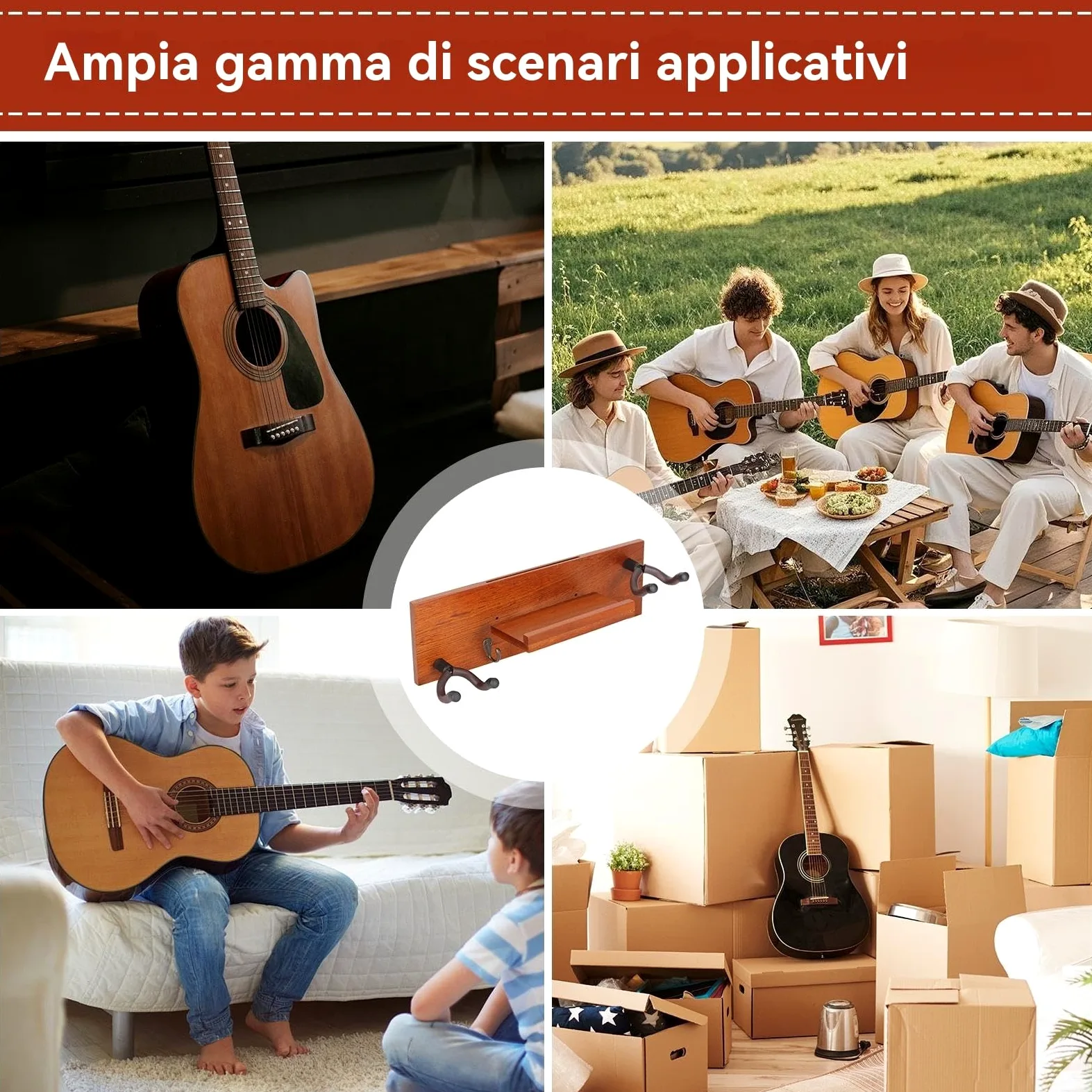 Portachitarra da Parete Basso In Legno Ukulele Banjo Mandolino | Mensola Portachitarra in Legno Grande Capacità, Per Chitarra Elettrica, , Banjo, Basso, Mandolino, Per