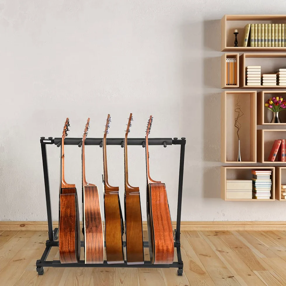 Greensen Supporto per Chitarra in Metallo con Imbottitura Protettiva in Gomma Porta Chitarra da Terra 5 Posti per Chitarre e Custodie, Bassi, Violoncelli 86 x 47 x 73 cm