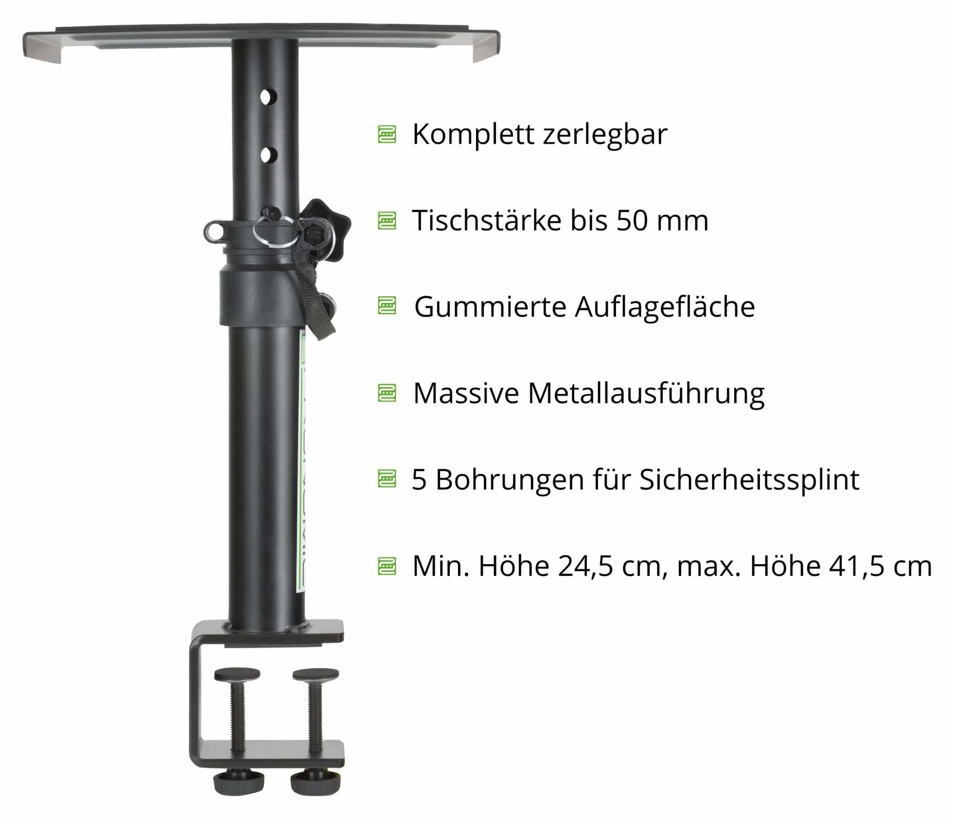Pronomic SLS-36K BK Coppia di Supporti da Tavolo con Morsetto per Monitor da Studio - Molto Salvaspazio - Regolabile in Altezza da 24,5 cm a 41,5 cm - Piano con Fascia a Strappo - Nero