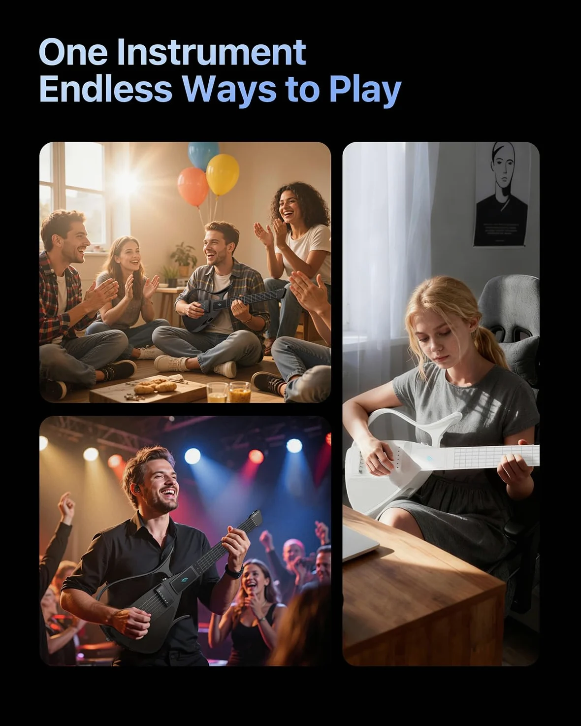 Enya CYBER-G Chitarra Smart – con corde in silicone, 24 suoni integrati, chitarra da viaggio silenziosa nera con altoparlante, drum system, app e accordi interattivi per adulti o adolescenti