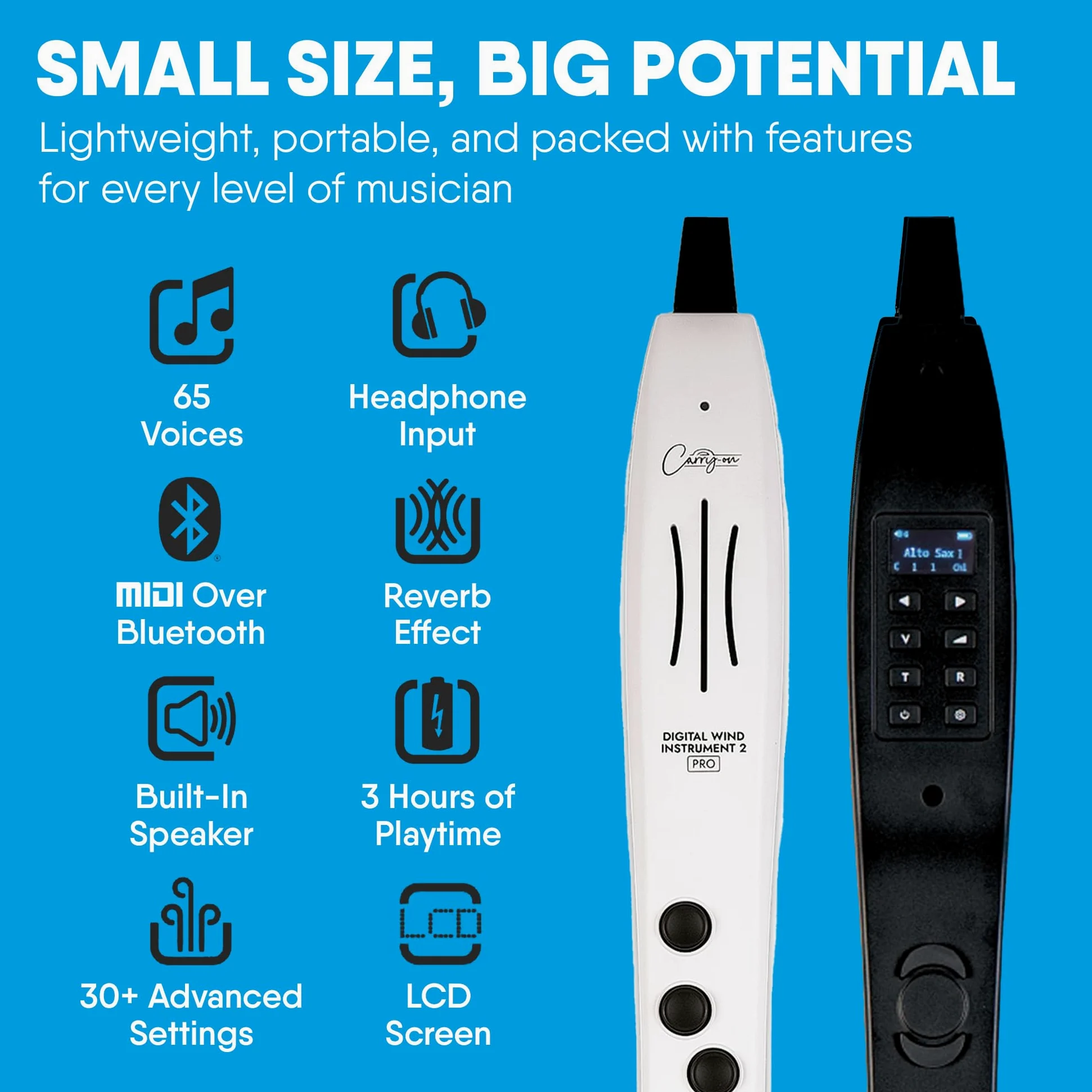 Carry-on Digital Wind Instrument Pro - 65 voci, batteria ricaricabile USB integrata, uscita cuffie per esercitazioni silenziose, registratore digitale Midi Over Bluetooth